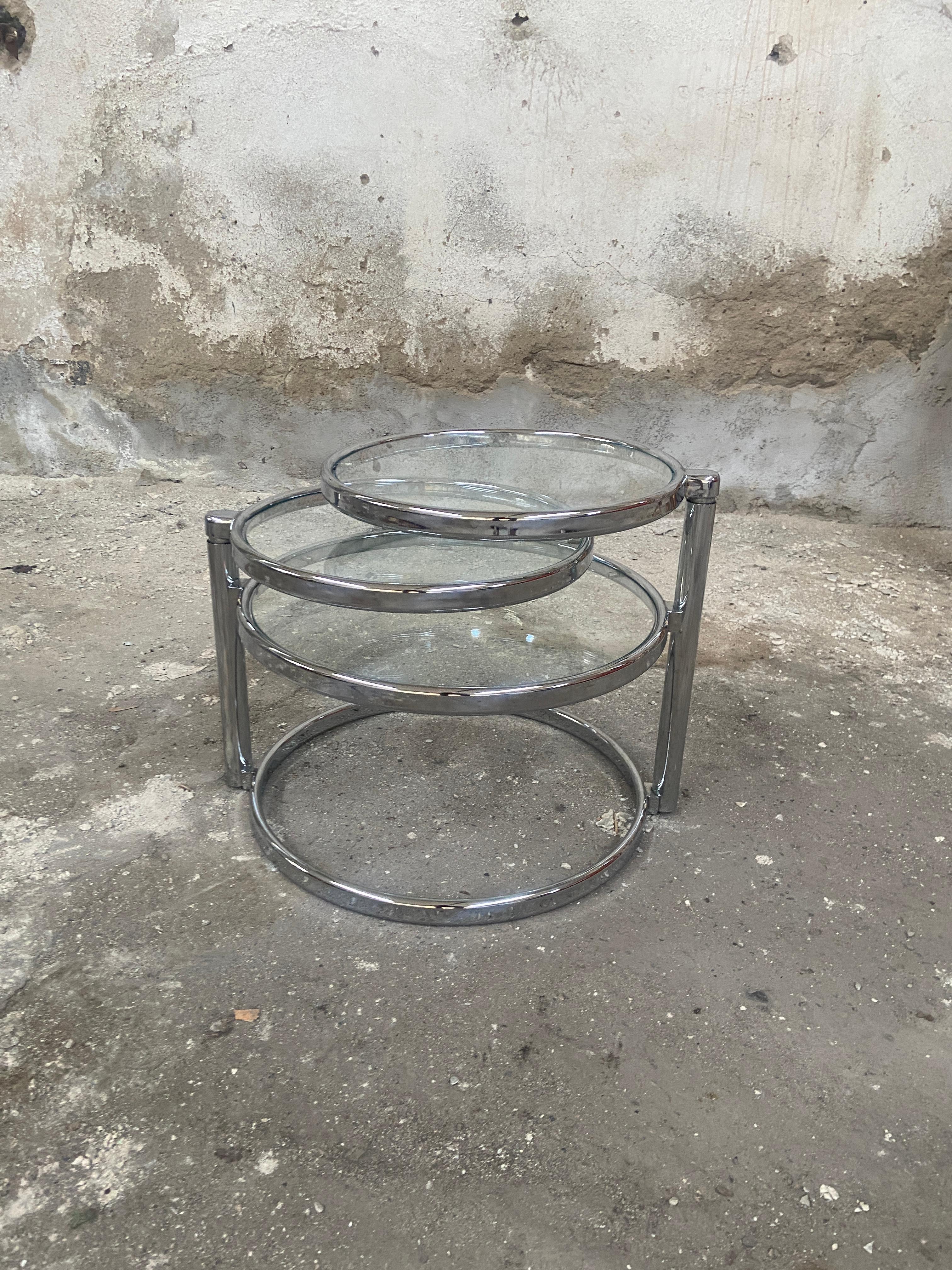 Late 20th Century Mid-Century Modern Italian Chrome and Glass Side Table with Rotating Tops. For Sale
