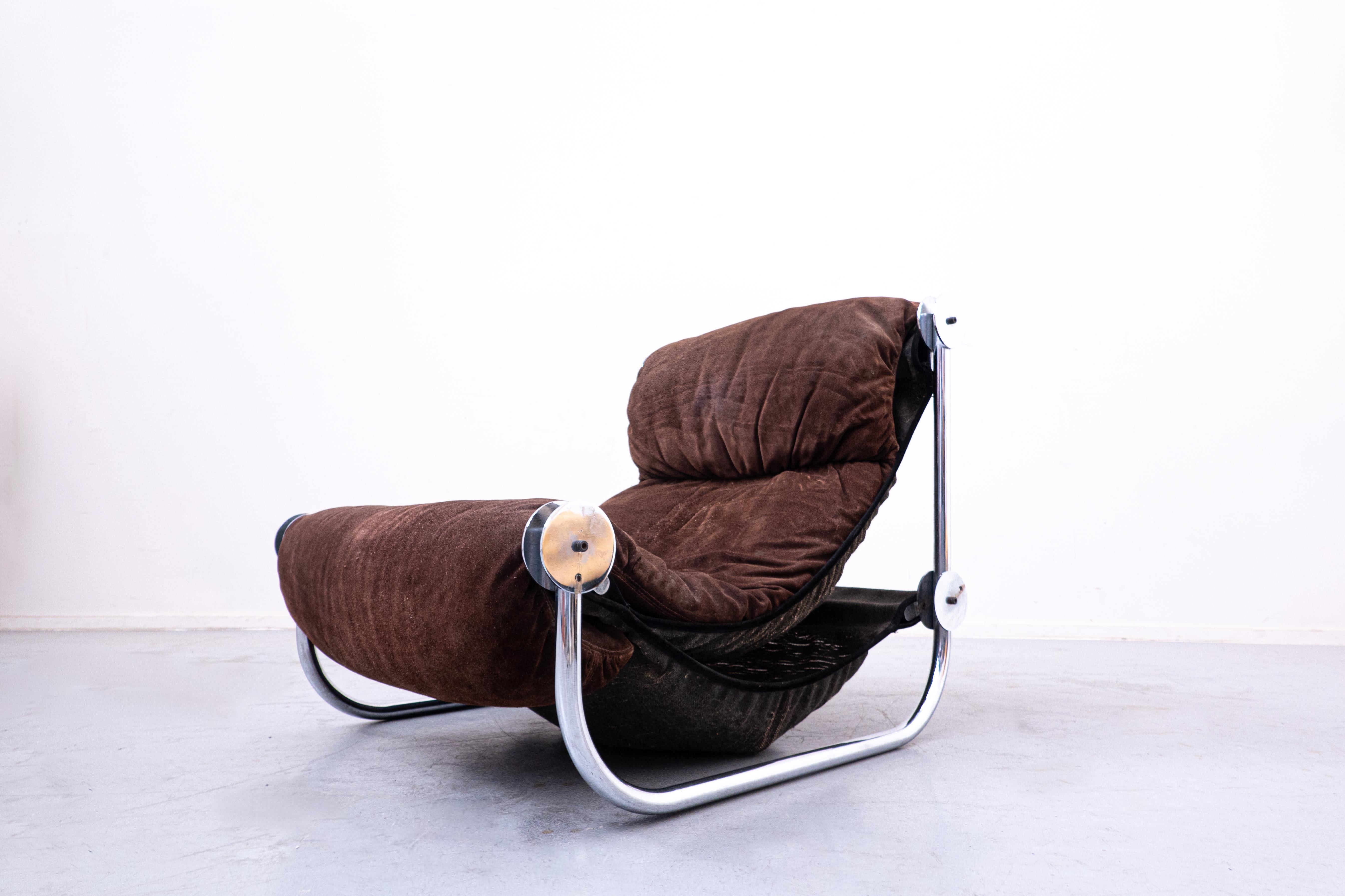 Mid-Century Modern Italian chrome and suede lounge chair, brown, 1960s.