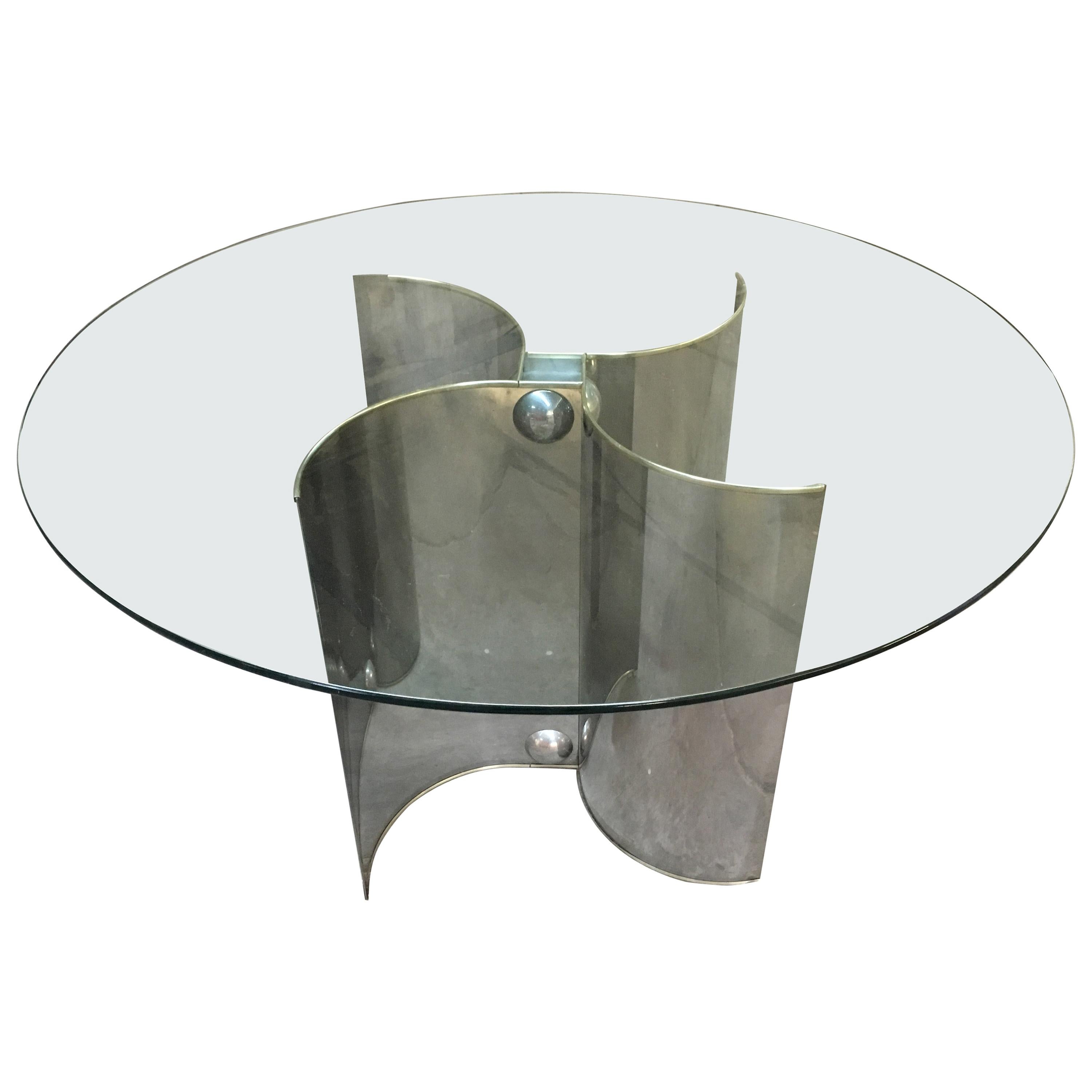 Mid-Century Modern Italian Chrome Base Dining Table with Glass Top, 1970s