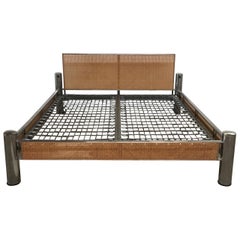 Mid-Century Modern Italian Chrome Bed with Vienna Straw and Lights, 1970s