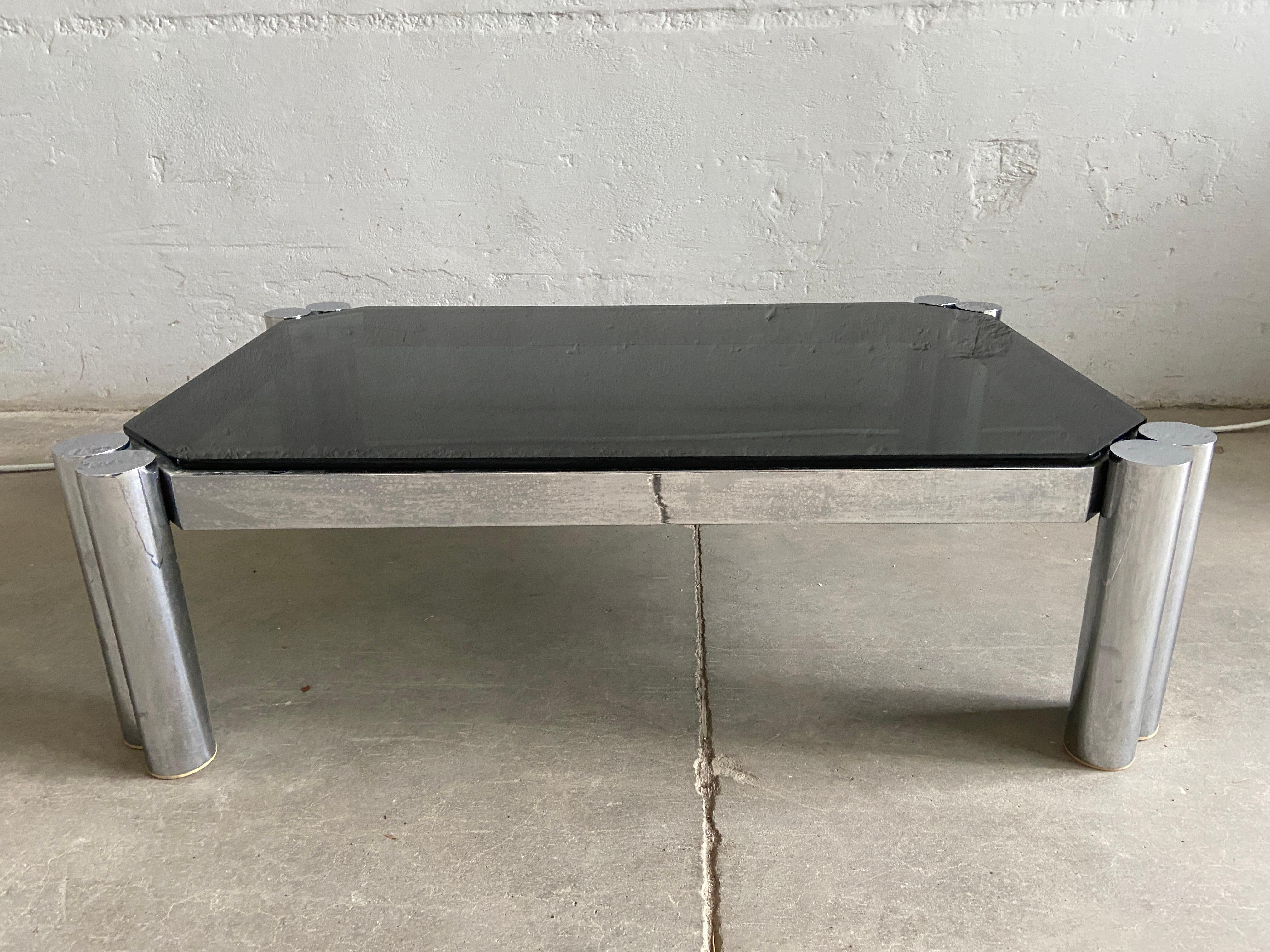 Mid-Century Modern Italian sofa or coffee table with smoked glass top and chrome legs