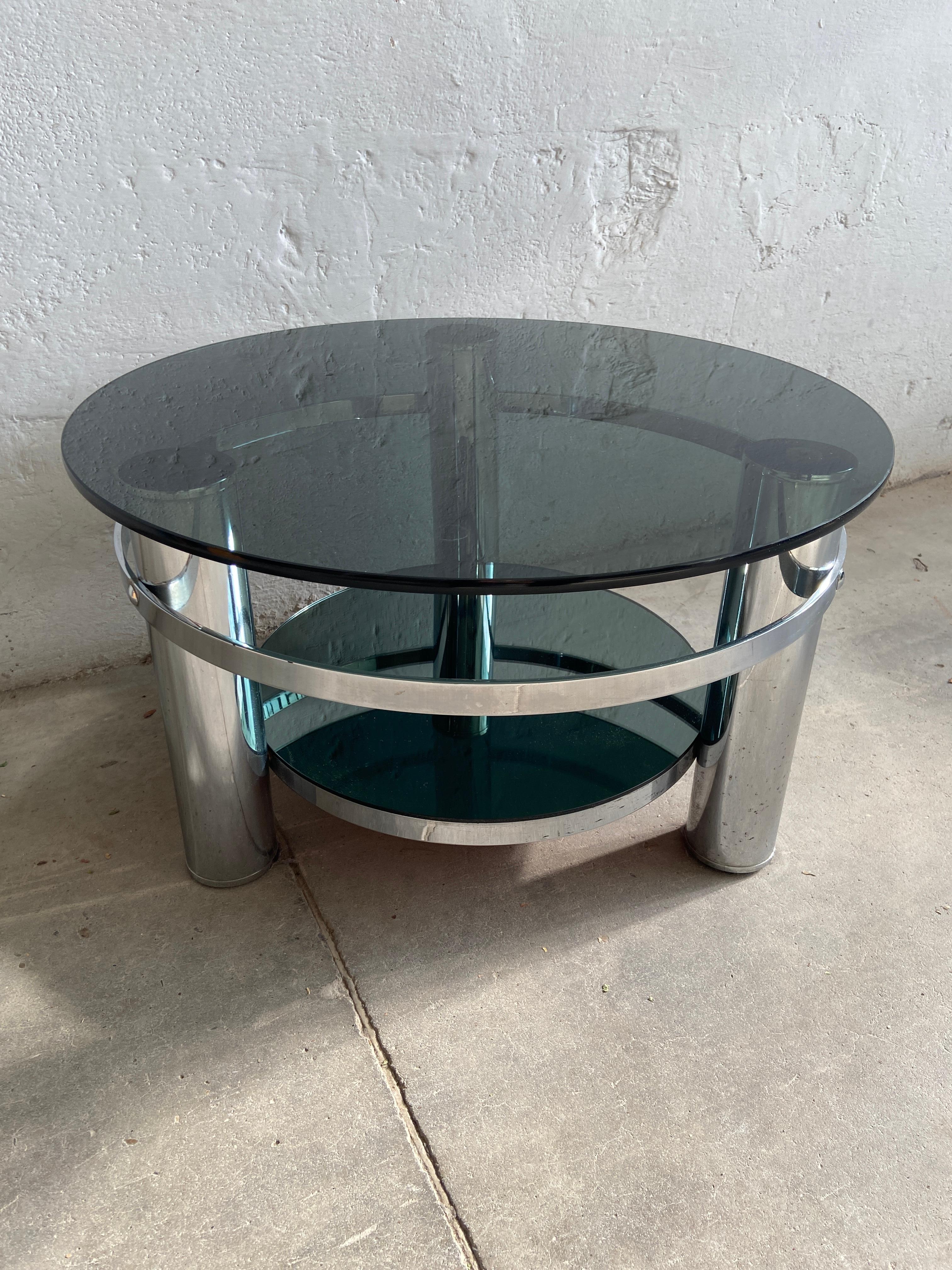 Mid-Century Modern Italian Chrome Coffee Table with Smoked Glass Top, 1970s In Good Condition For Sale In Prato, IT