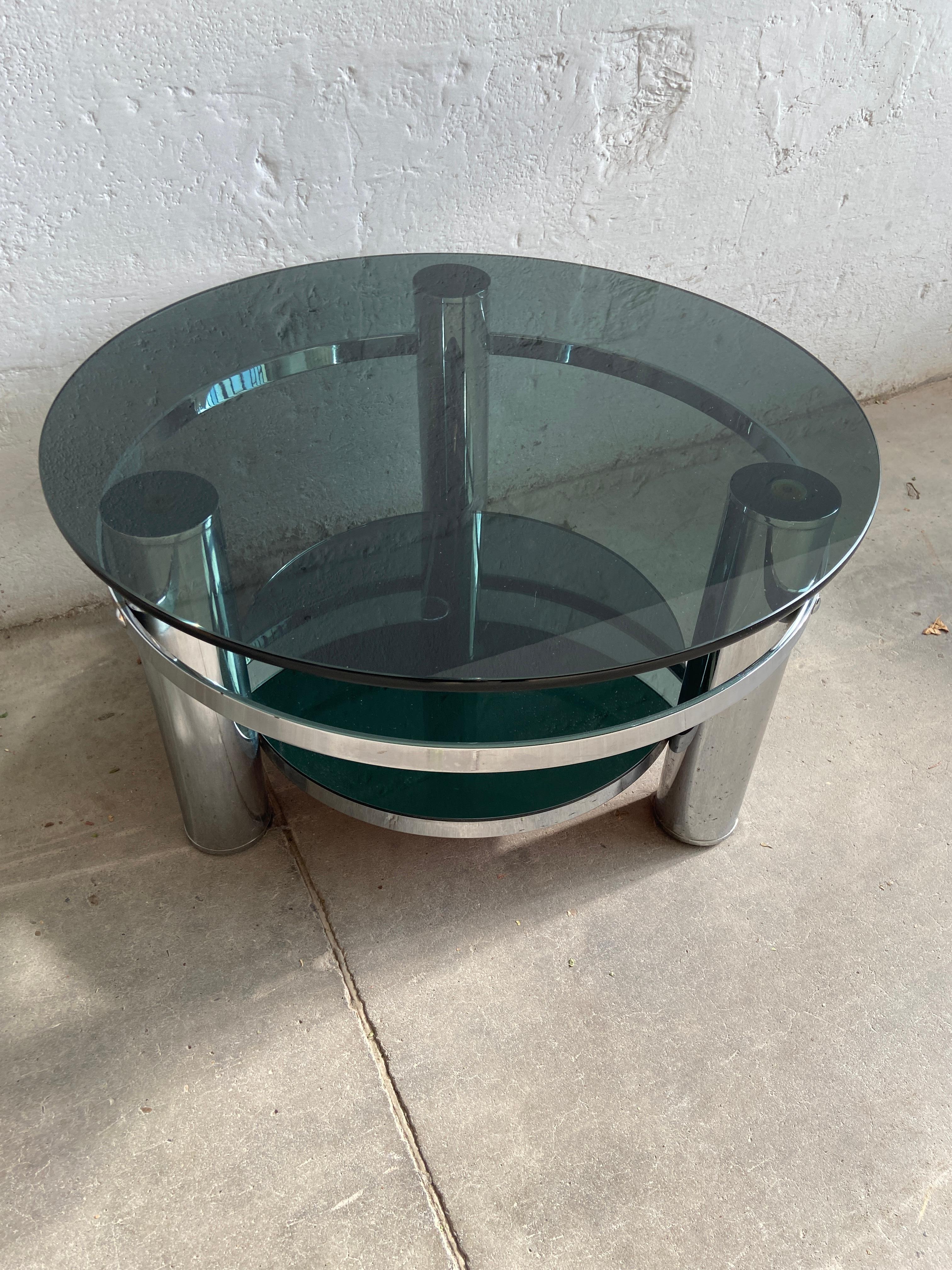 Late 20th Century Mid-Century Modern Italian Chrome Coffee Table with Smoked Glass Top, 1970s For Sale