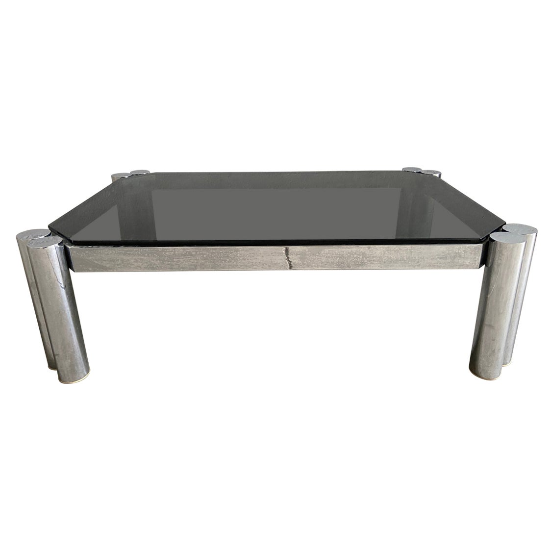 Table basse italienne chromée moderne du milieu du siècle dernier avec plateau en verre fumé, 1970