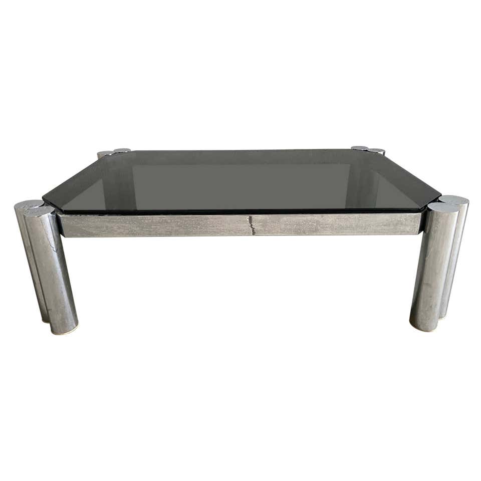 Francois Monnet Coffee Table Smoked Glass and Brushed Steel , pair available