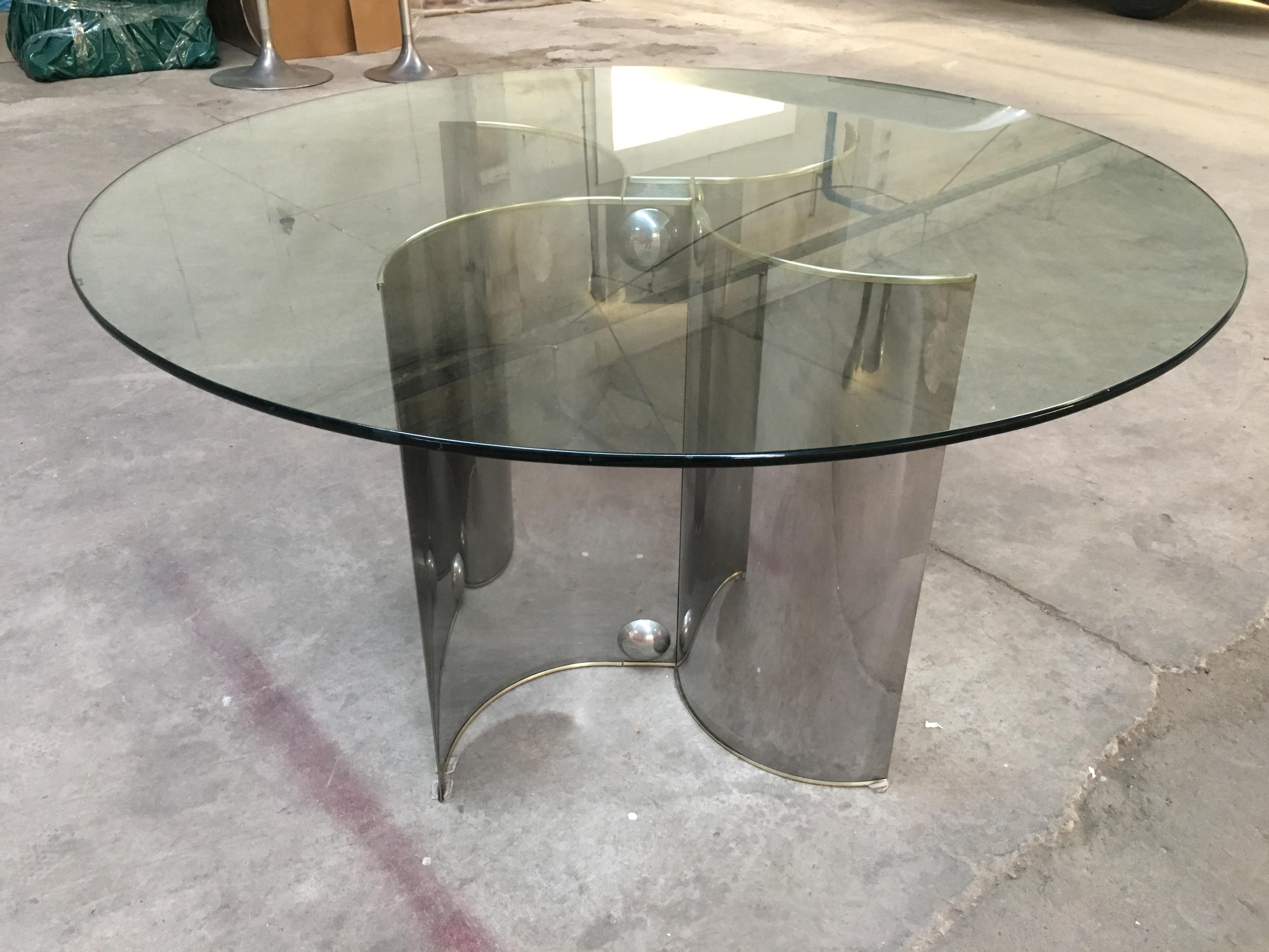 Mid-Century Modern Italian chrome dining or center table with glass top and brass edges, 1970s.
 