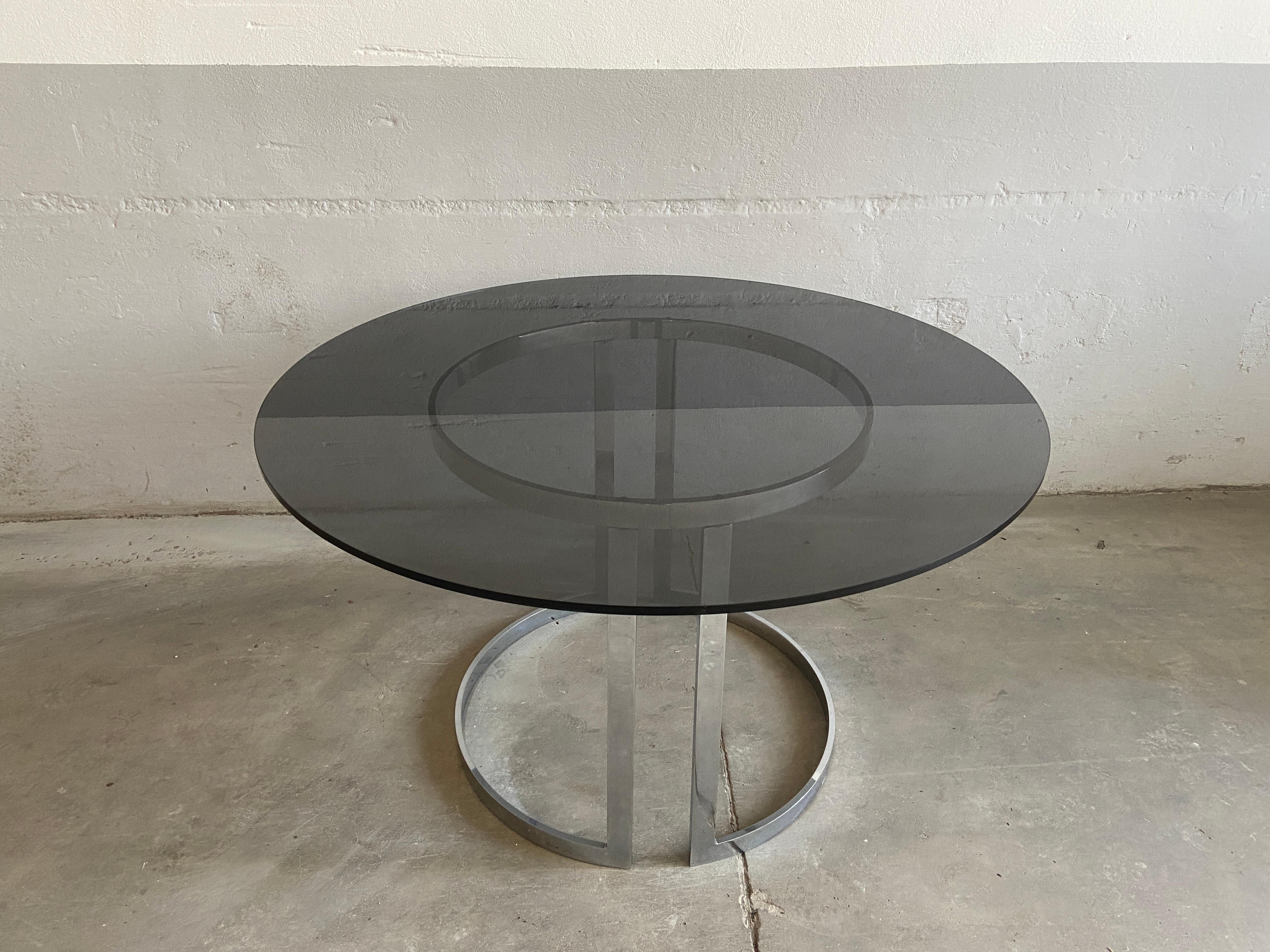 Fin du 20e siècle Table de salle à manger italienne chromée mi-siècle moderne avec plateau en verre fumé, 1970 en vente