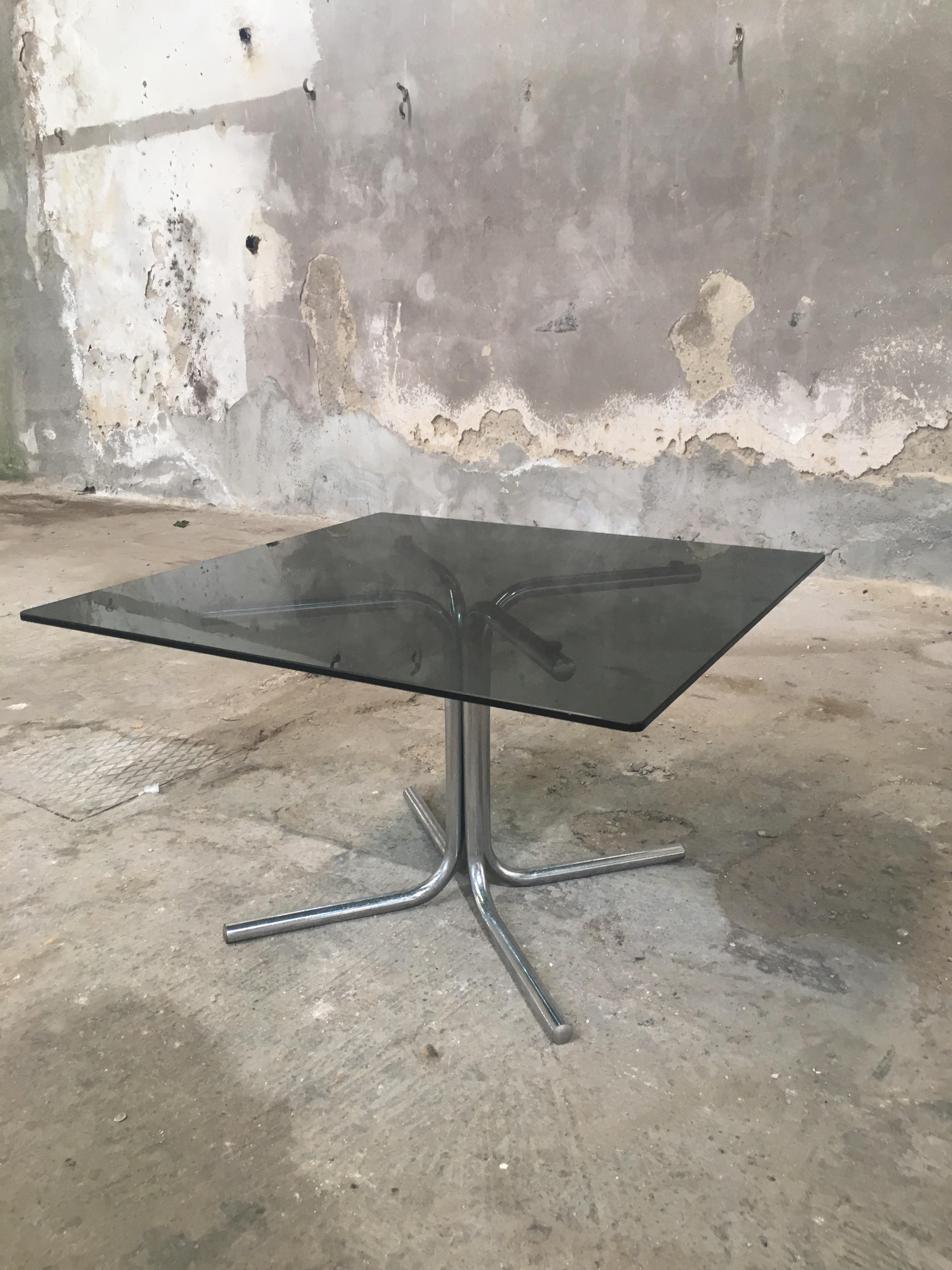Mid-Century Modern Italian Chrome Side or Coffee Table with Smoked Glass Top 1