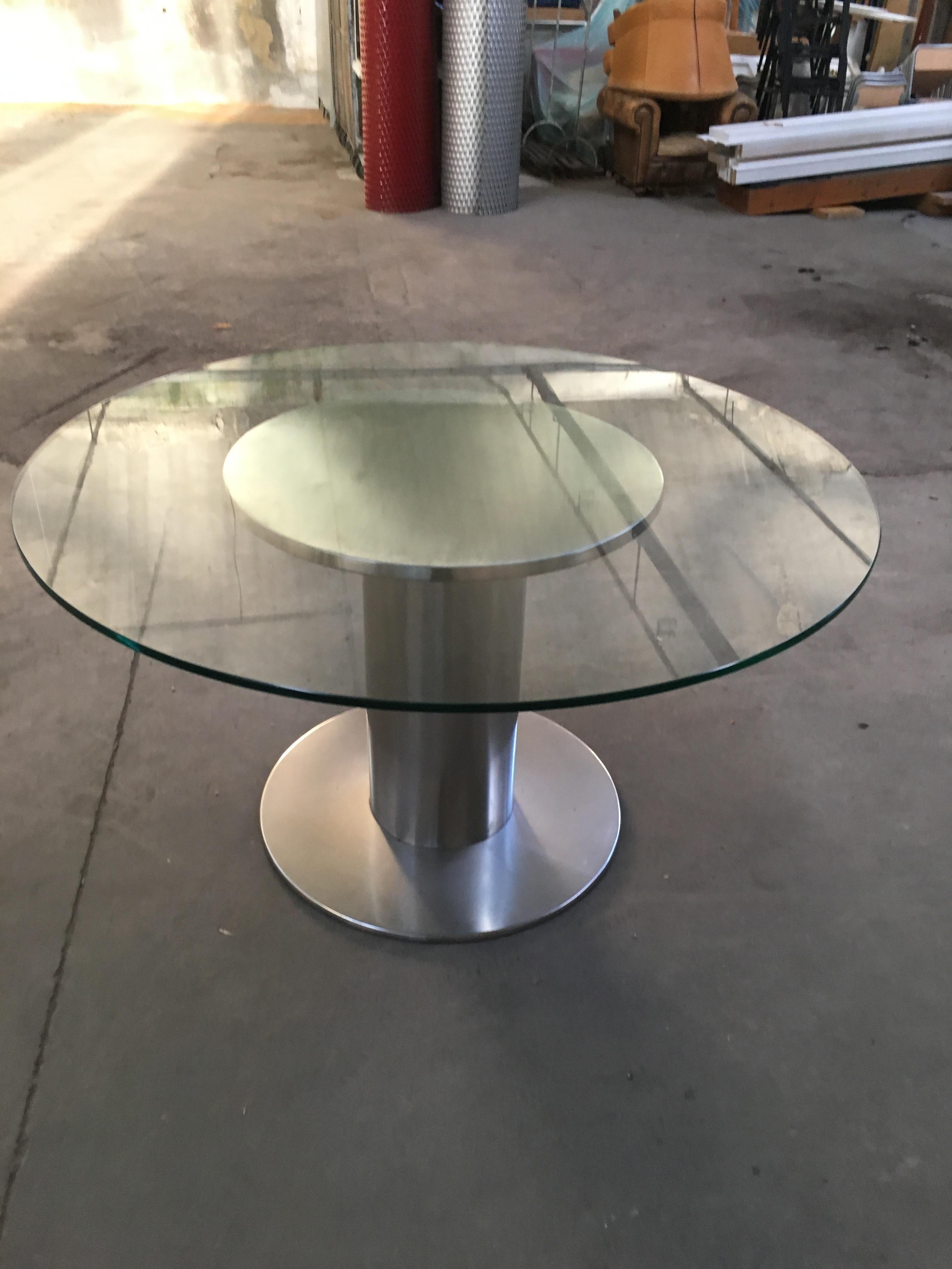 Stainless Steel Mid-Century Modern Italian Chrome Table with Round Glass Top from 1970s For Sale