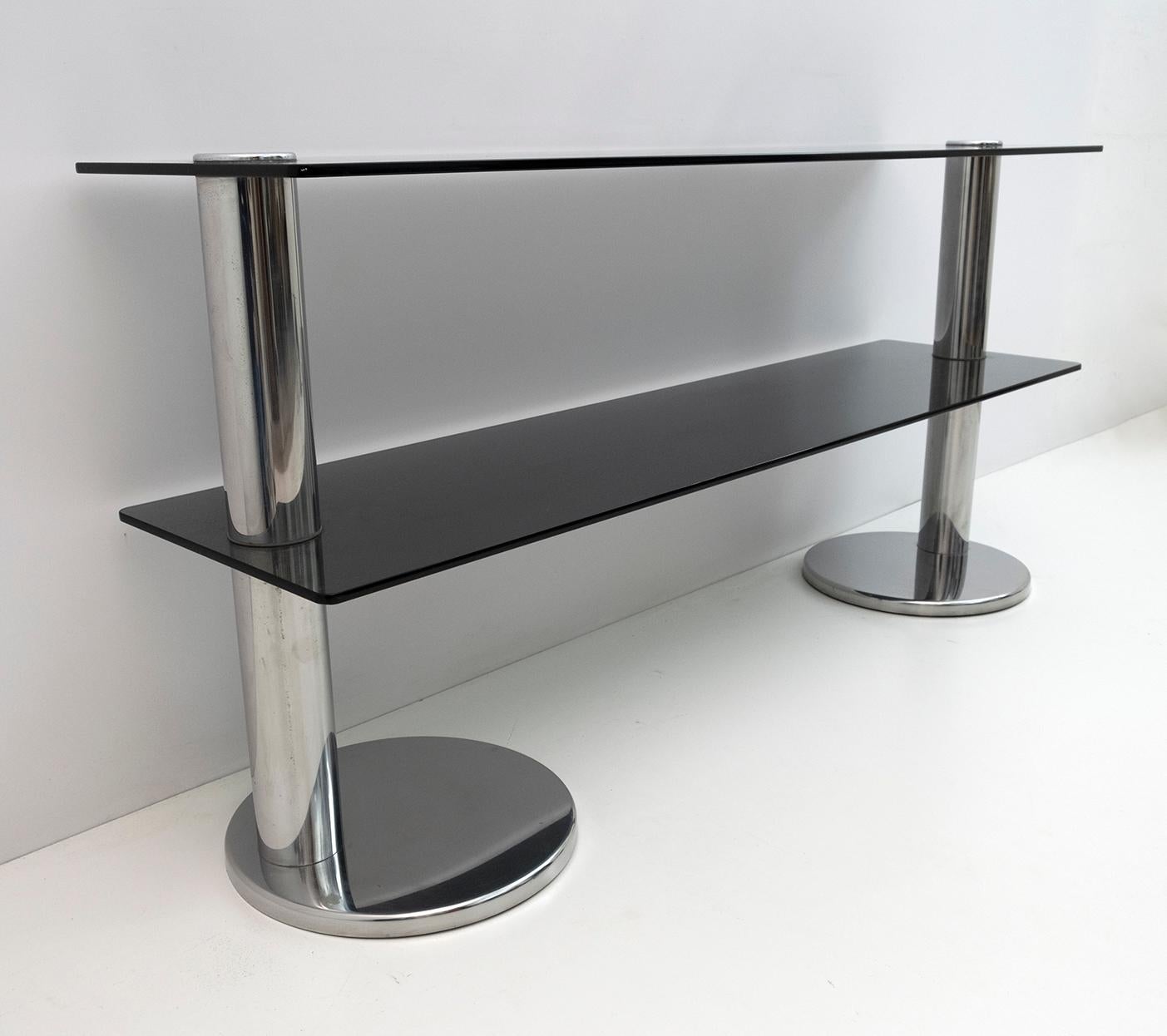 Mid-century Modern Italian Chromed Steel and Smoked Glass Console, 1970s For Sale 6