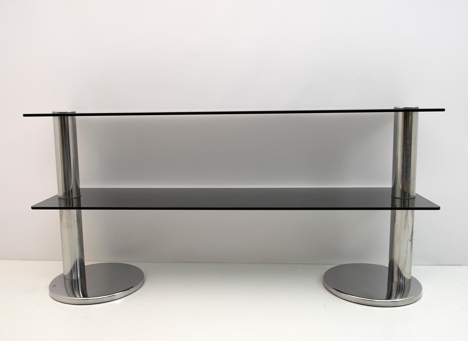 Mid-Century Modern Mid-century Modern Italian Chromed Steel and Smoked Glass Console, 1970s For Sale