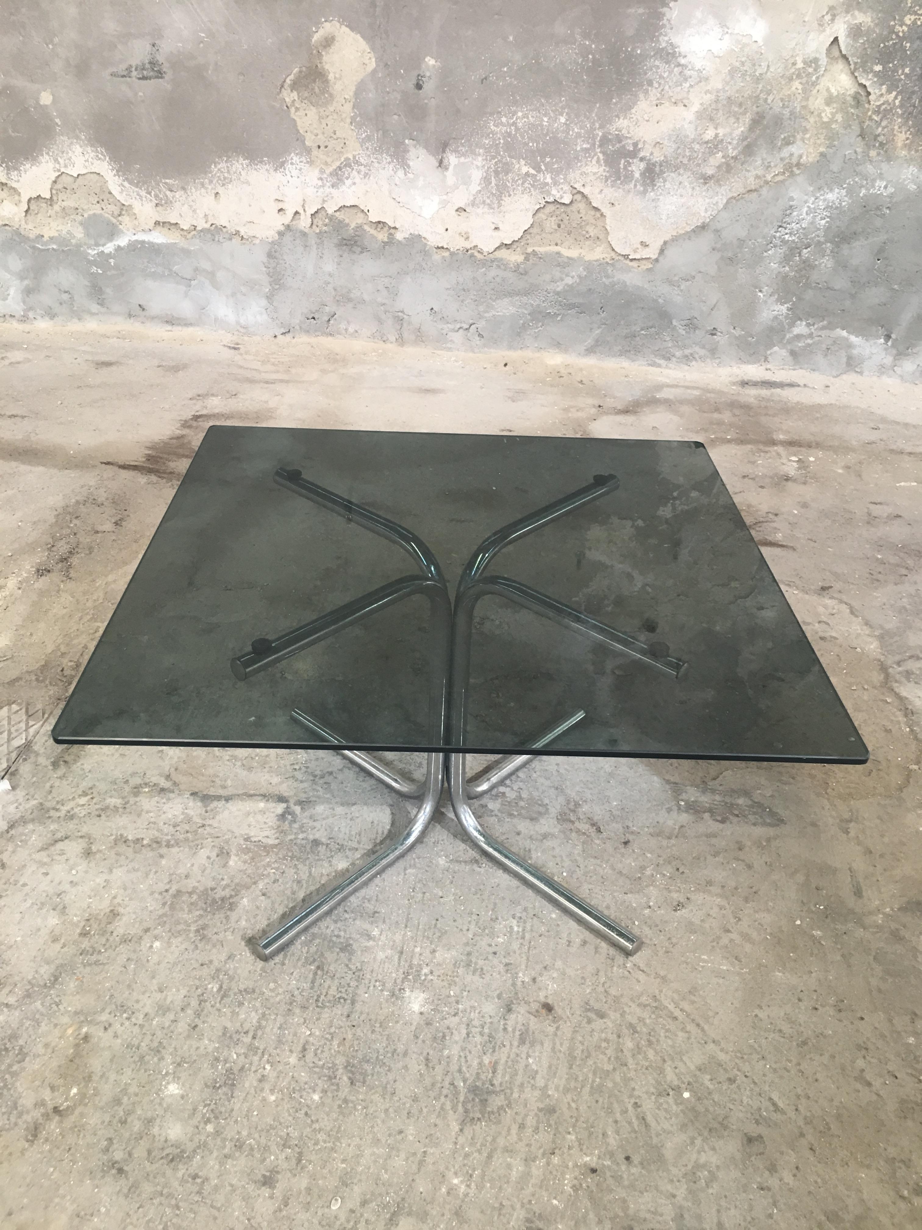 Late 20th Century Mid-Century Modern Italian Coffee or Sofa Table with Smoked Glass Top, 1970s For Sale