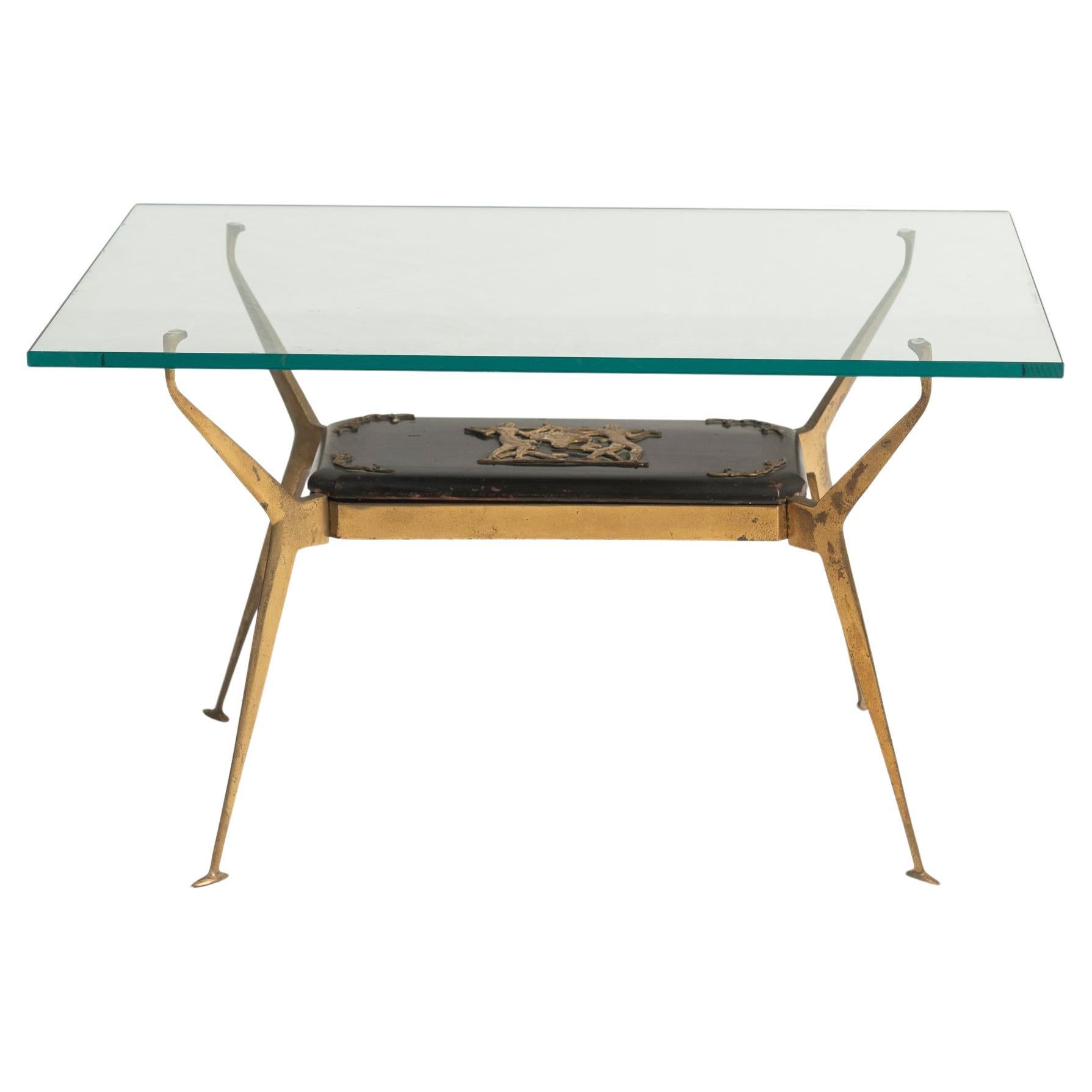 Mid-Century Modern Italian Coffee Table w/ Brass, Wood and Glass Top, 1950s