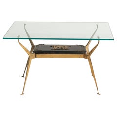 Moderner italienischer Couchtisch mit Messing-, Holz- und Glasplatte aus der Jahrhundertmitte, 1950er Jahre