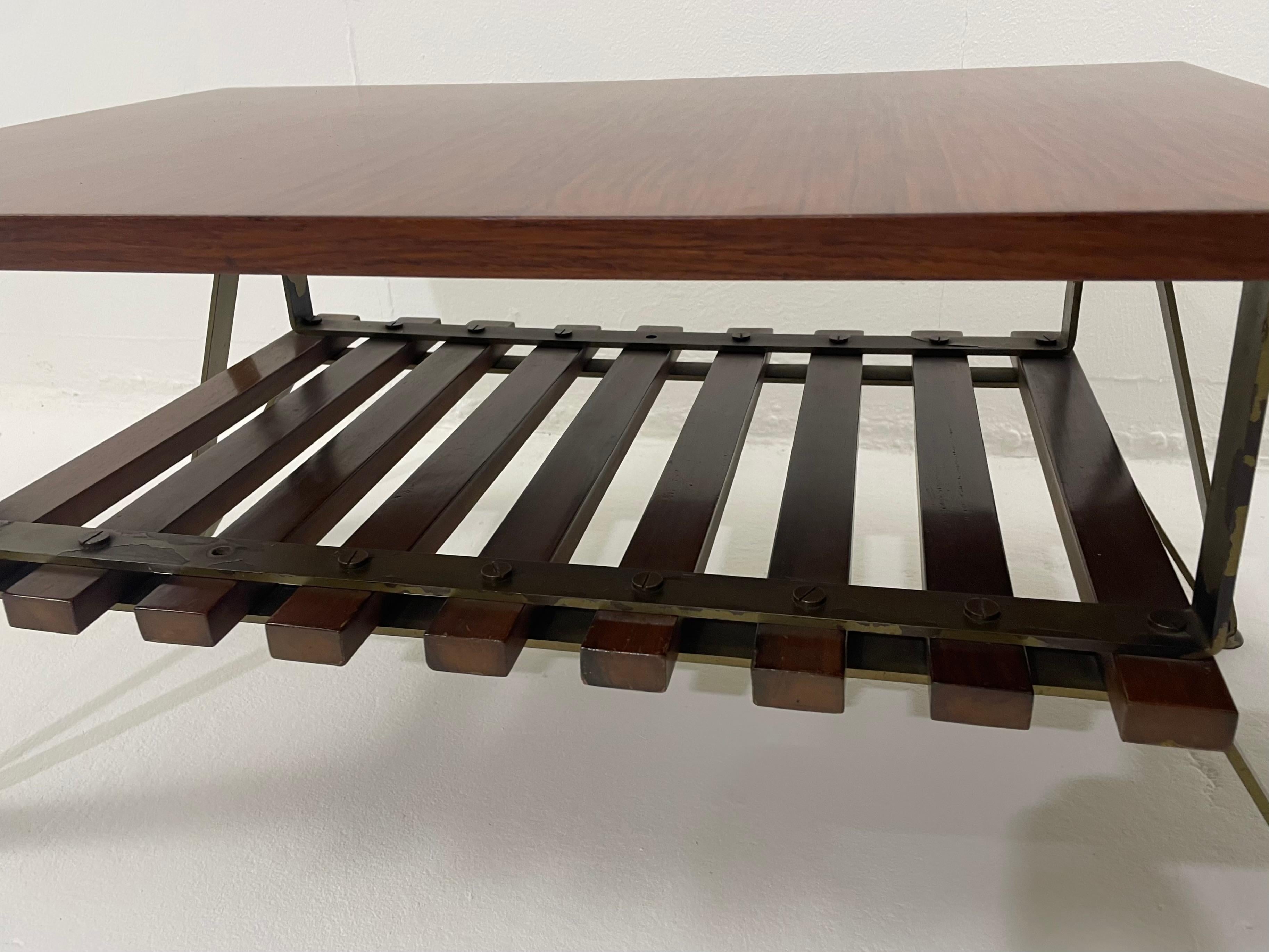 Mid-Century Modern Italian Coffee Table with Magazine Rack, Wood and Metal, 1960 For Sale 1