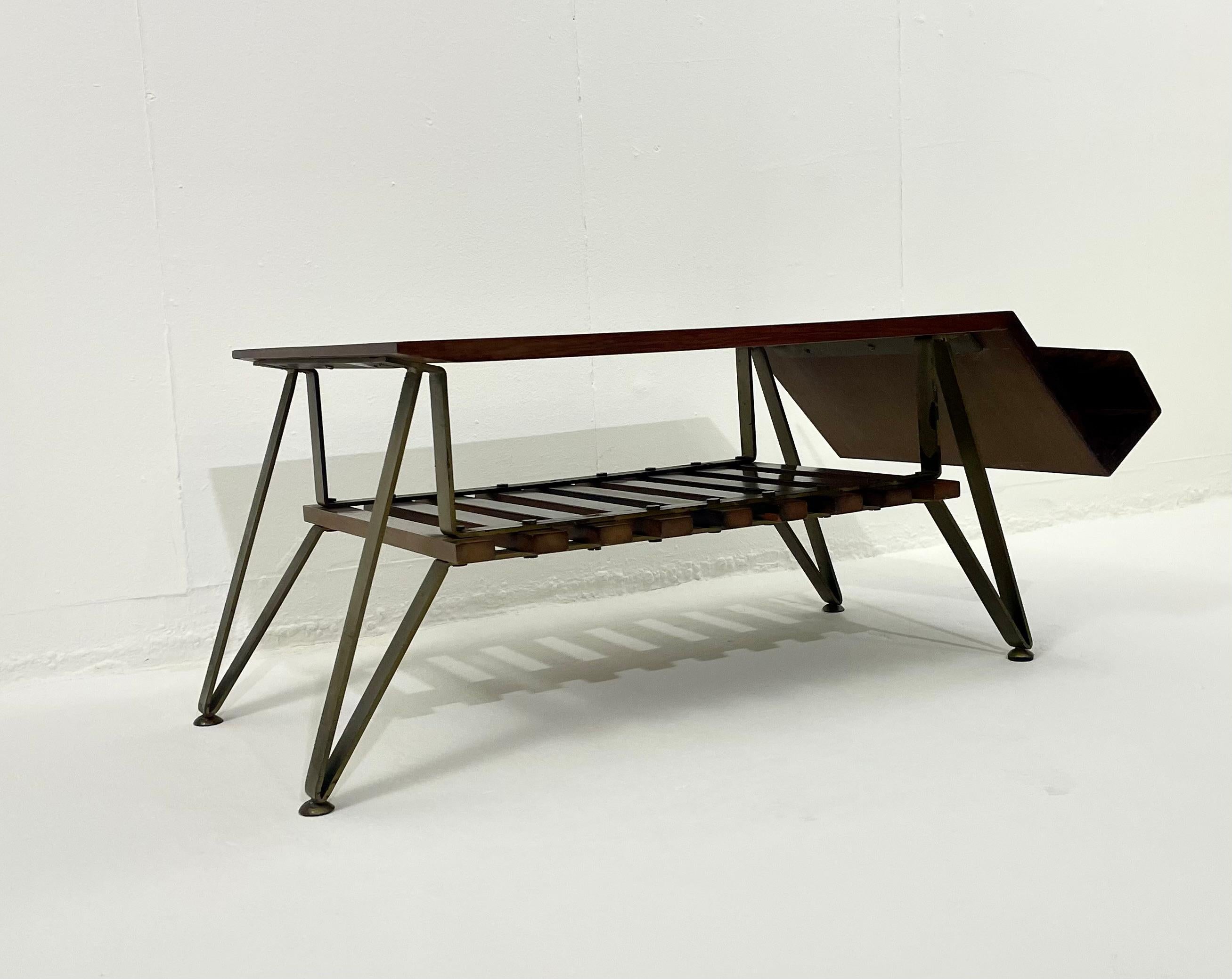 Mid-Century Modern Italian Coffee Table with Magazine Rack, Wood and Metal, 1960 For Sale 4