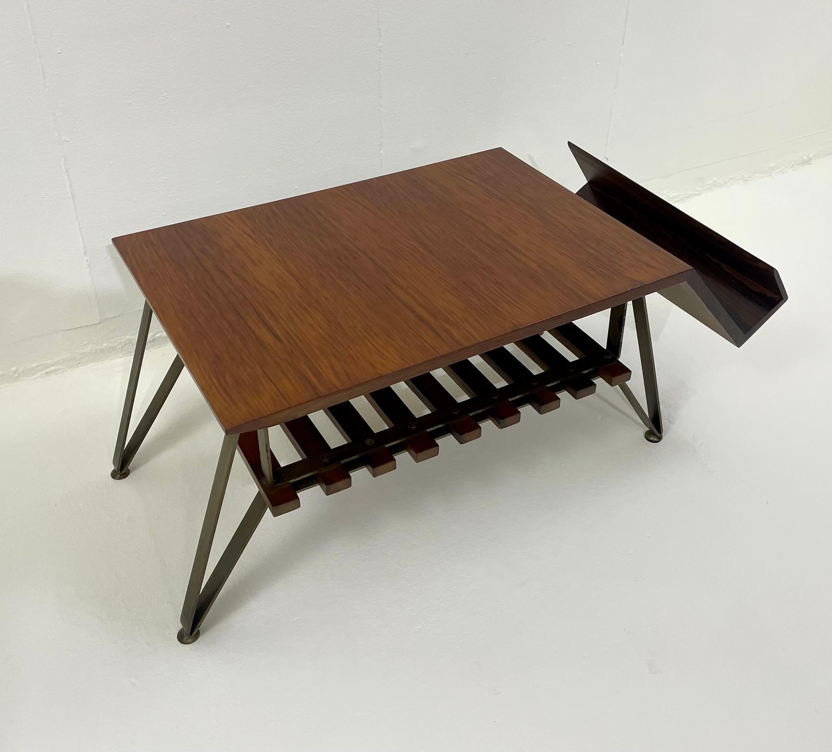 Mid-Century Modern Italian Coffee Table with Magazine Rack, Wood and Metal, 1960 For Sale 5