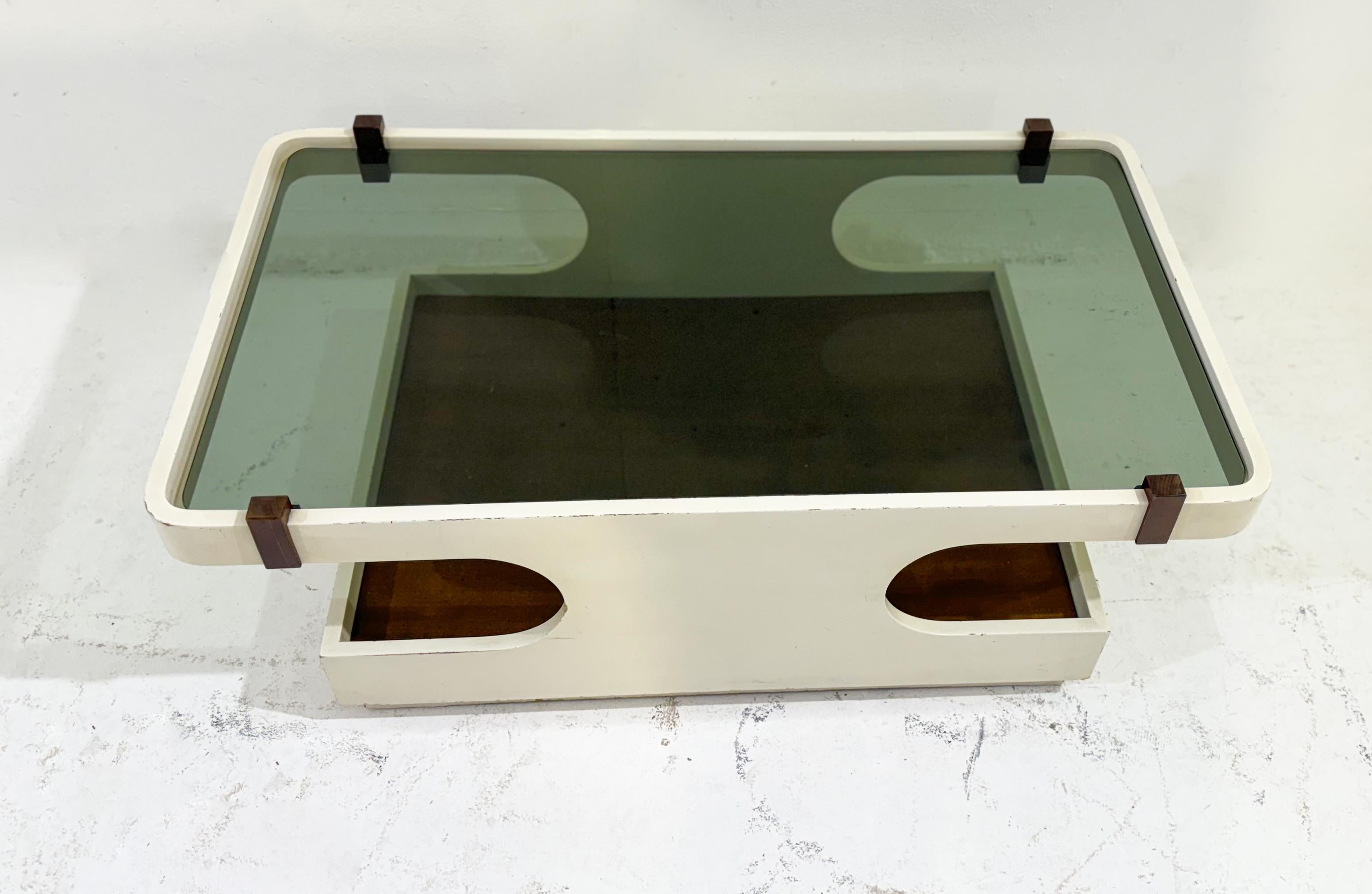 Late 20th Century Mid-Century Modern Italian Coffee Table, Wood and Glass,  1970s For Sale