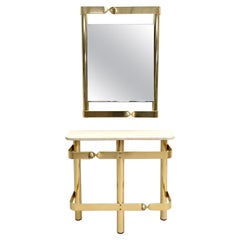 Mid-Century Modern Italian Console and Mirror, Brass 
Travertine, 1970s