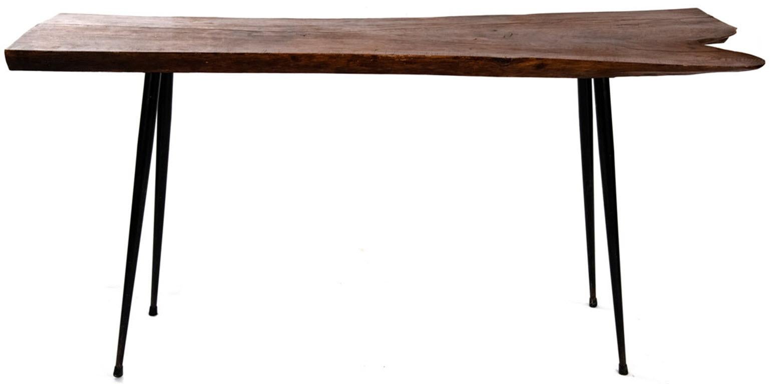 A polished mahogany plank with four black tapering metal legs.

Measures: 30 1/2 x 64 x 20 1/2 in.