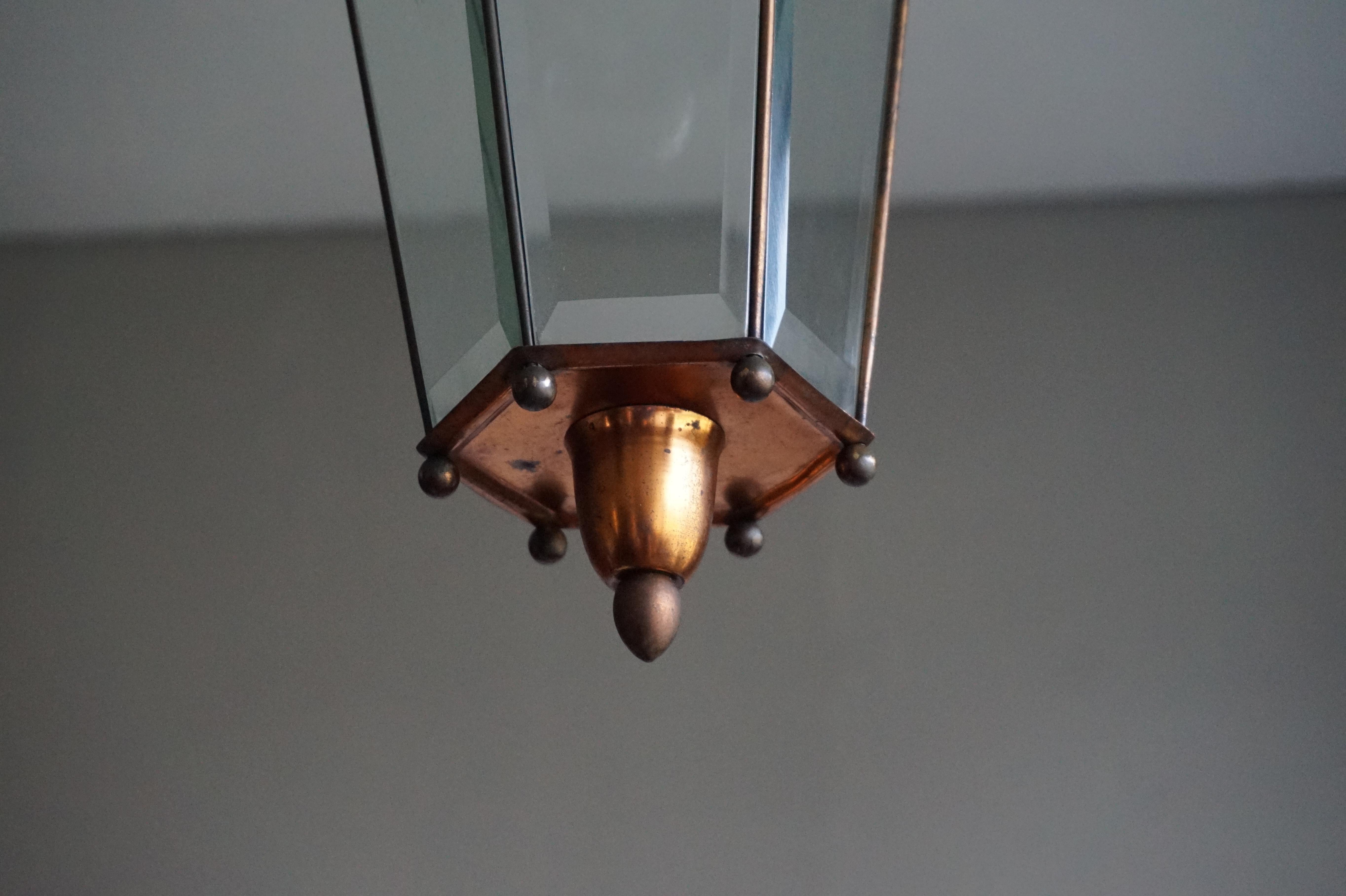 Mid-Century Modern Italian Copper and Beveled Glass Hallway Pendant / Lantern For Sale 6