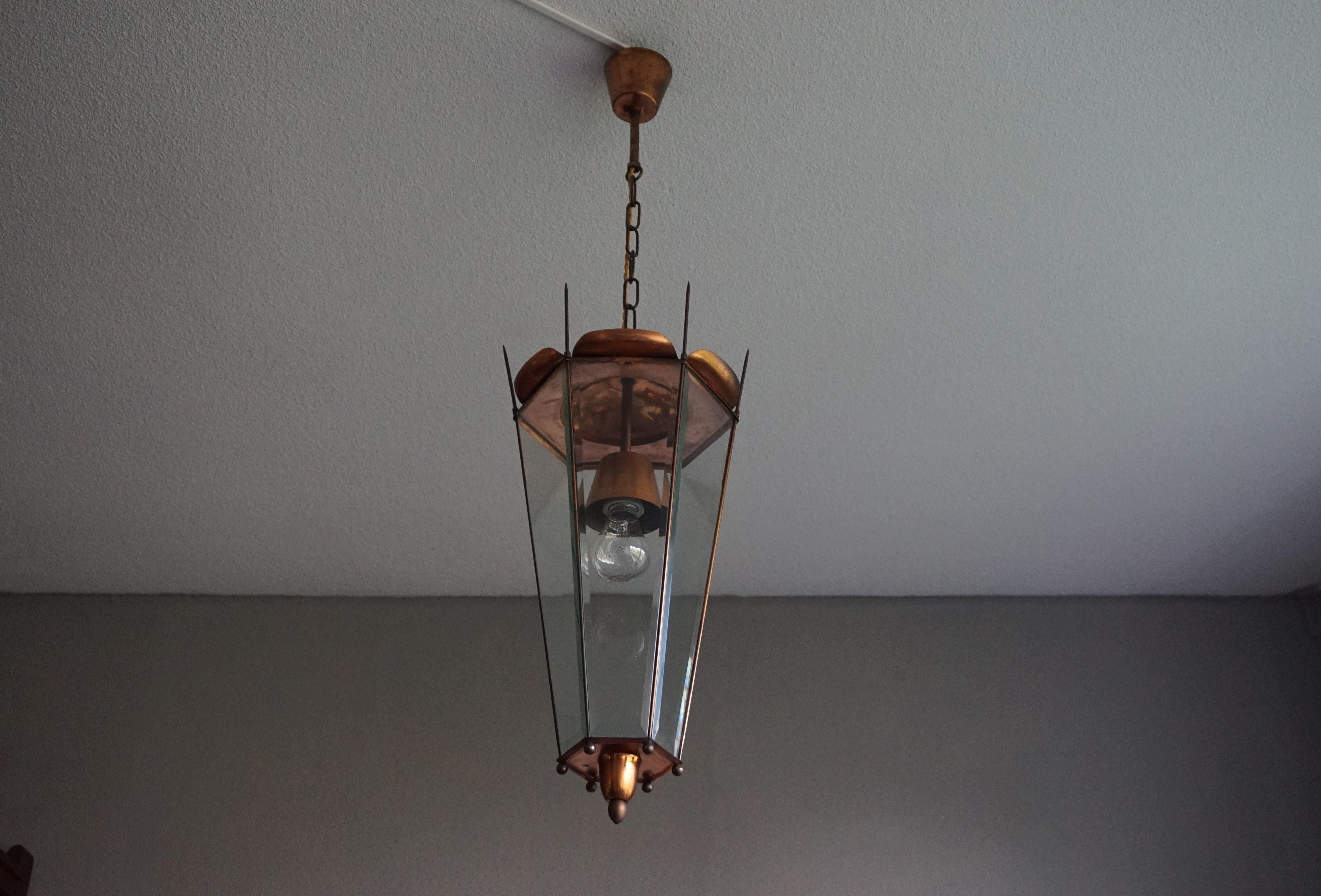 Mid-Century Modern Italian Copper and Beveled Glass Hallway Pendant / Lantern For Sale 8