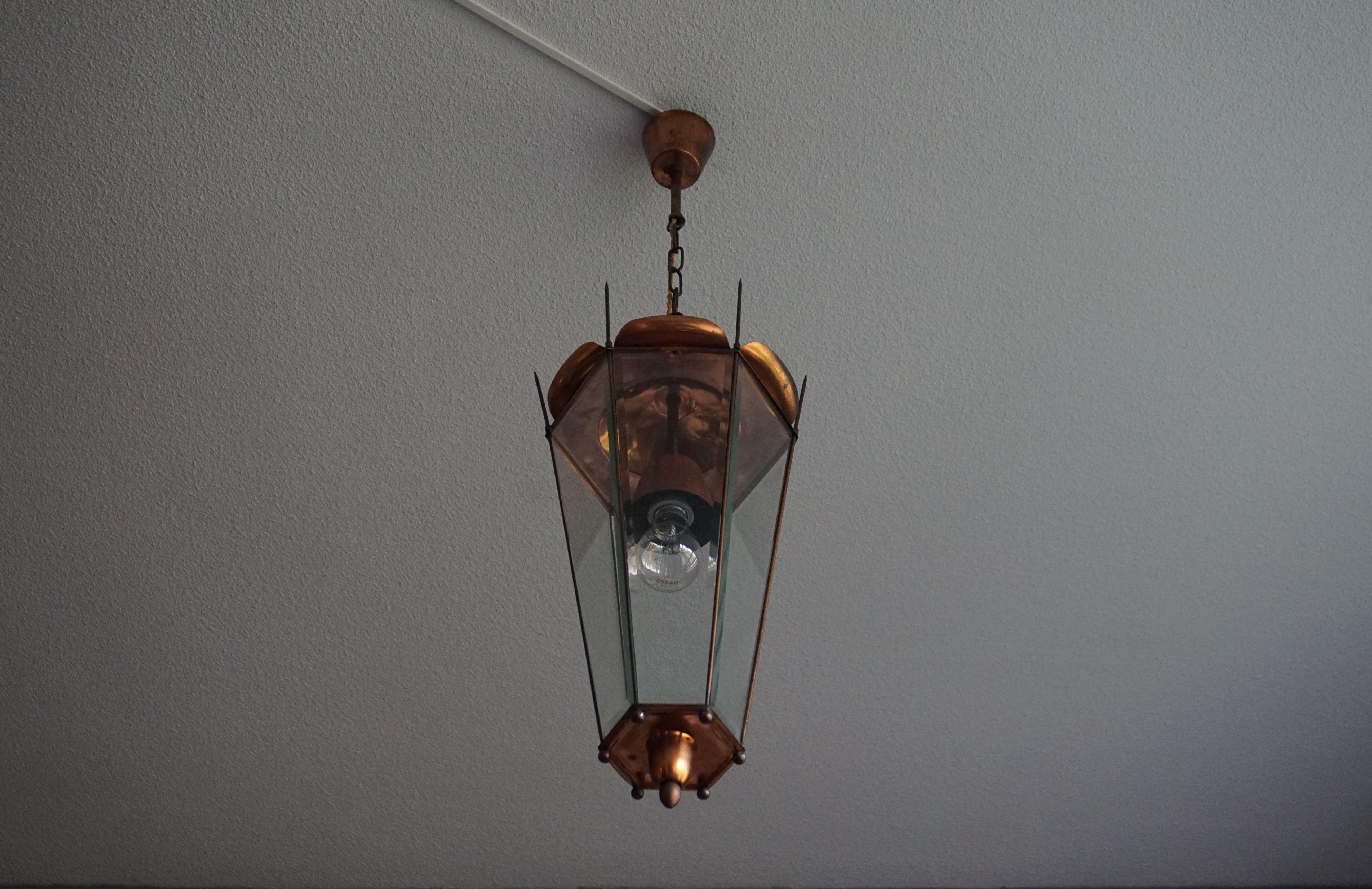 Mid-Century Modern Italian Copper and Beveled Glass Hallway Pendant / Lantern For Sale 10