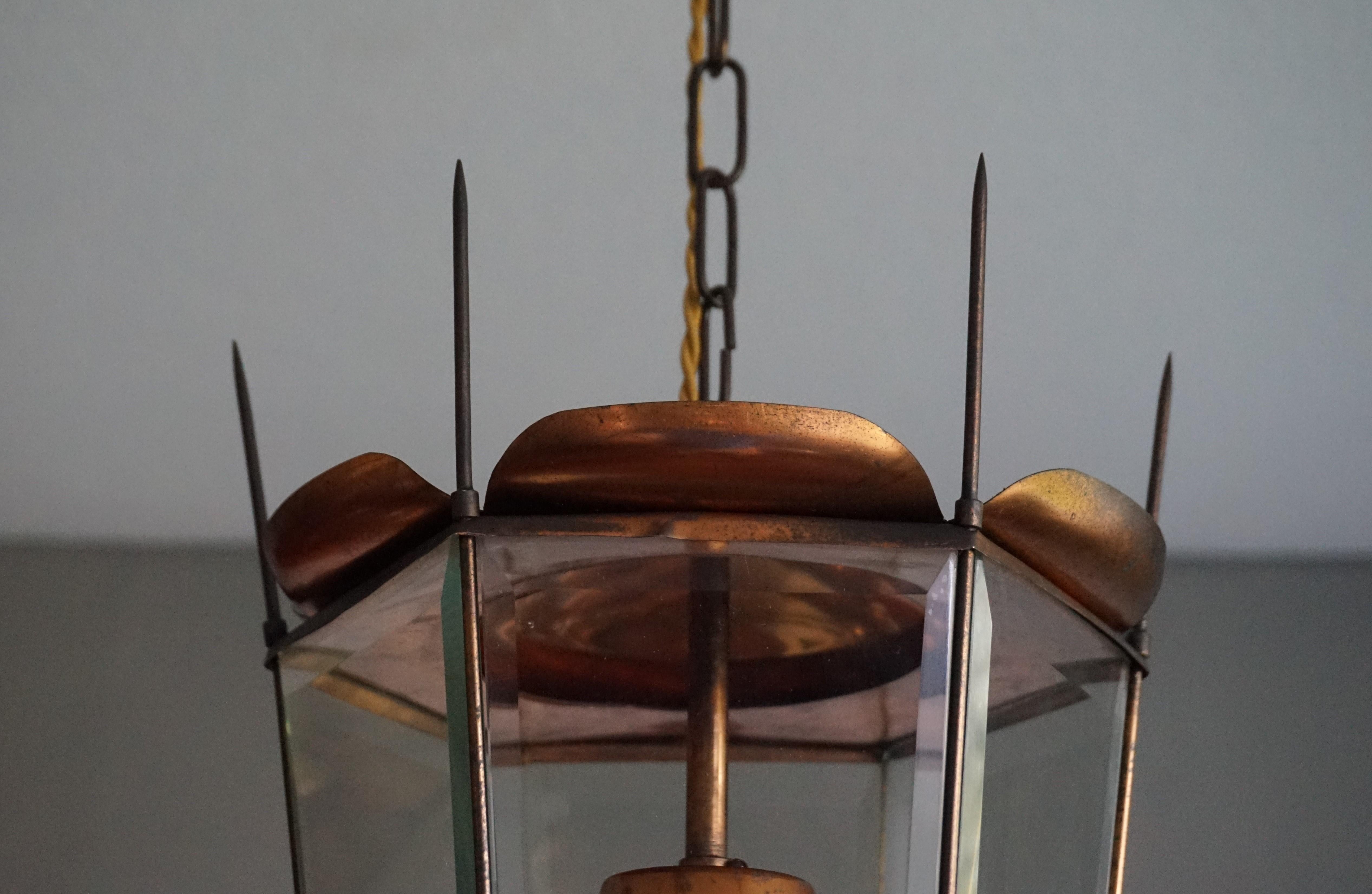 Mid-Century Modern Italian Copper and Beveled Glass Hallway Pendant / Lantern For Sale 11