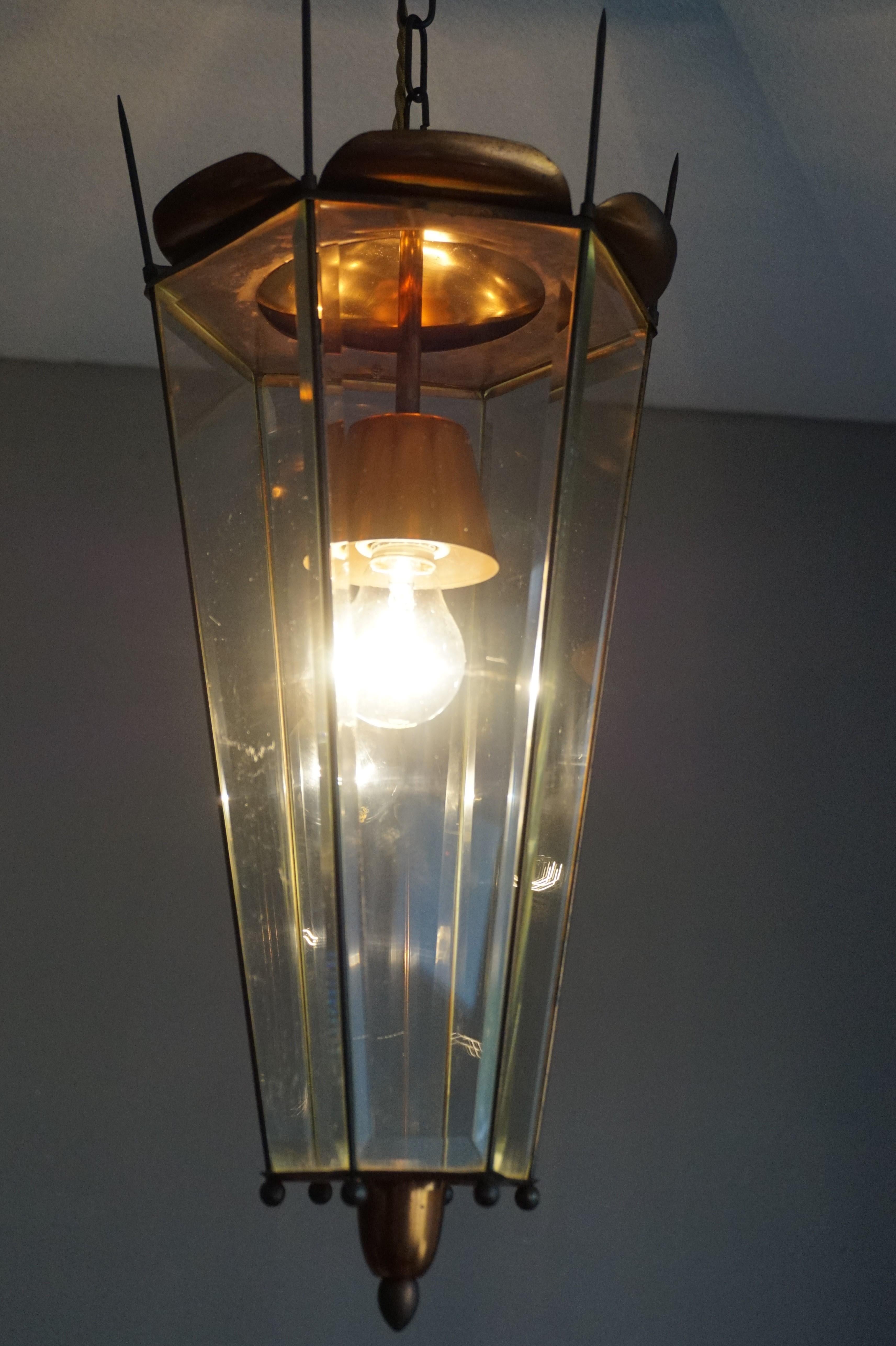 Mid-Century Modern Italian Copper and Beveled Glass Hallway Pendant / Lantern For Sale 12