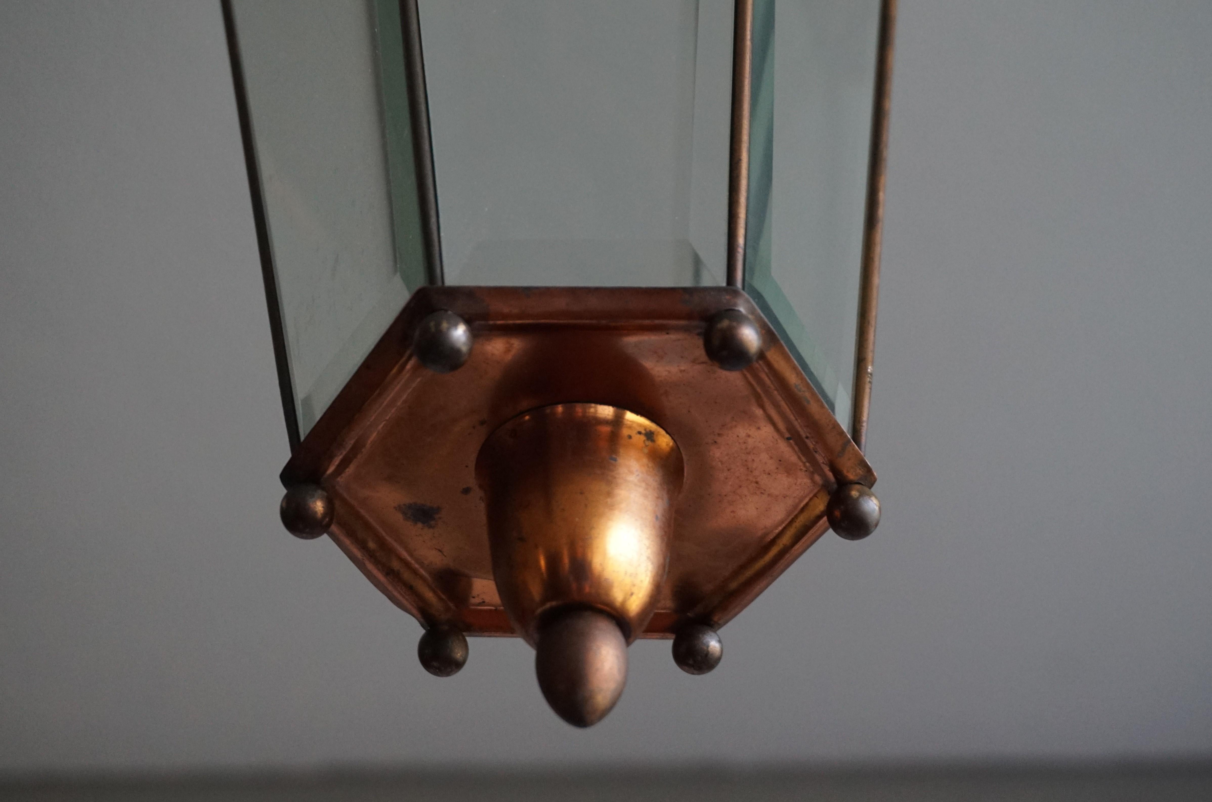 Mid-Century Modern Italian Copper and Beveled Glass Hallway Pendant / Lantern For Sale 13