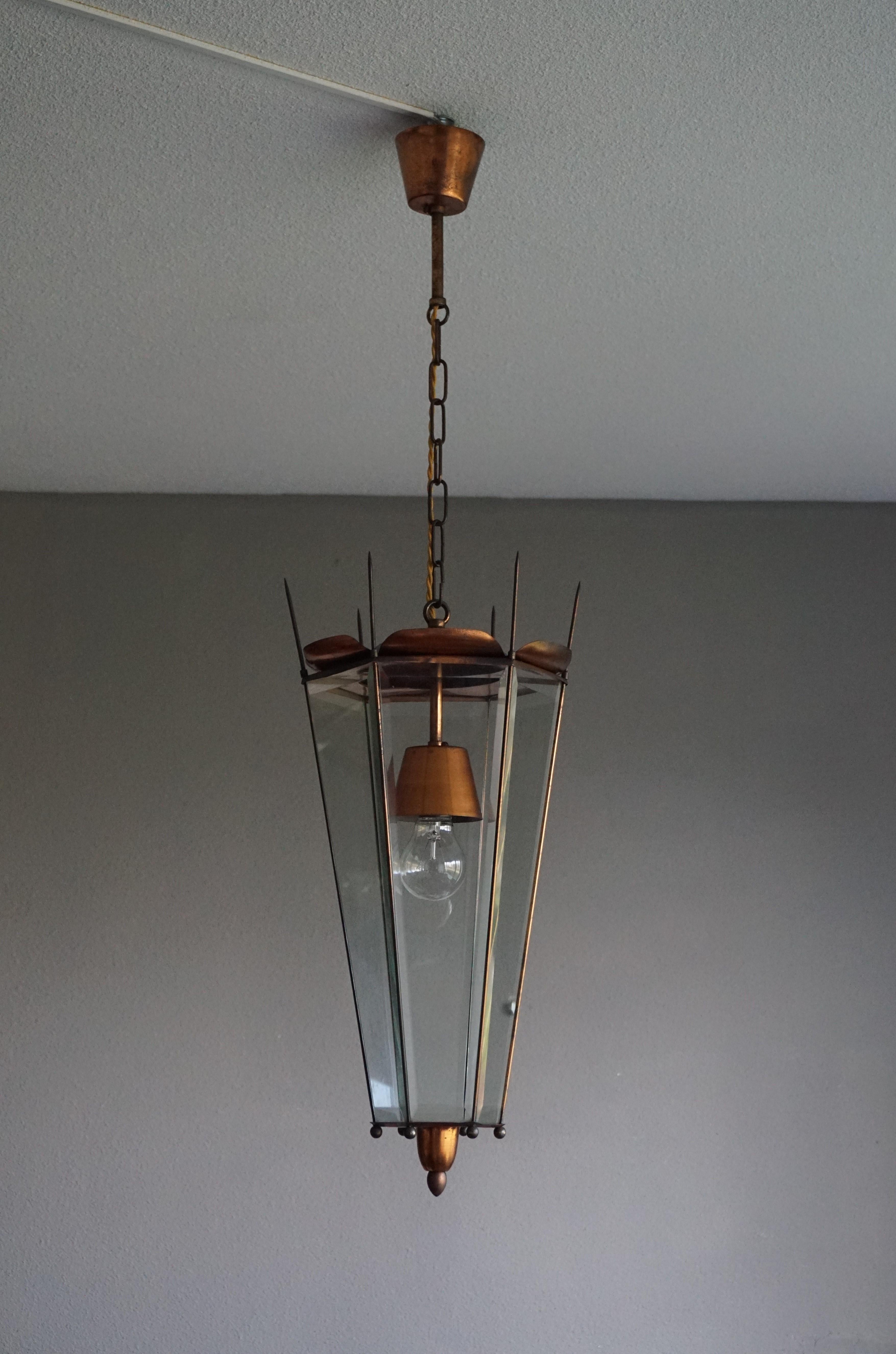 Mid-Century Modern Italian Copper and Beveled Glass Hallway Pendant / Lantern For Sale 14