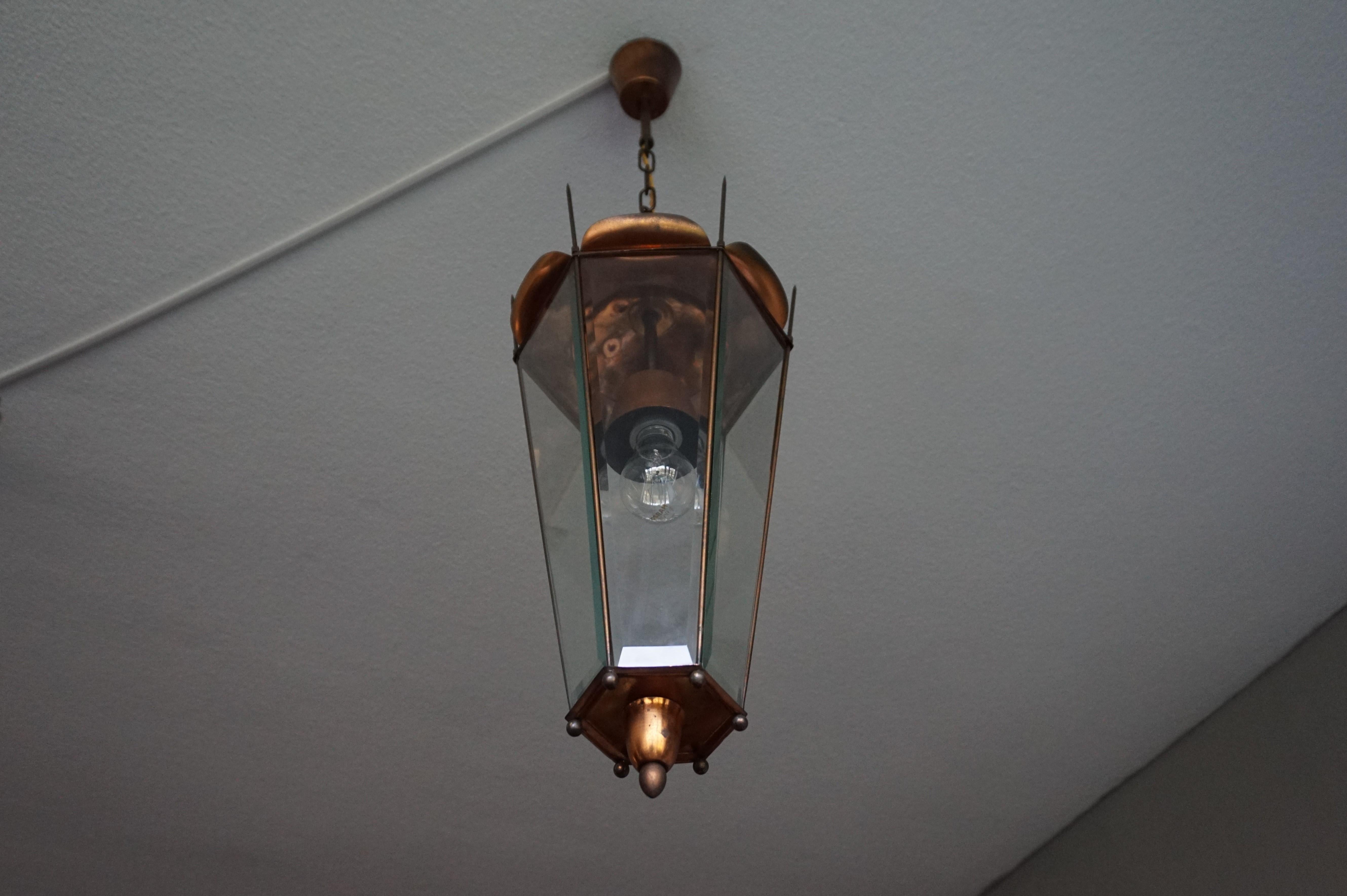 Mid-Century Modern Italian Copper and Beveled Glass Hallway Pendant / Lantern For Sale 15