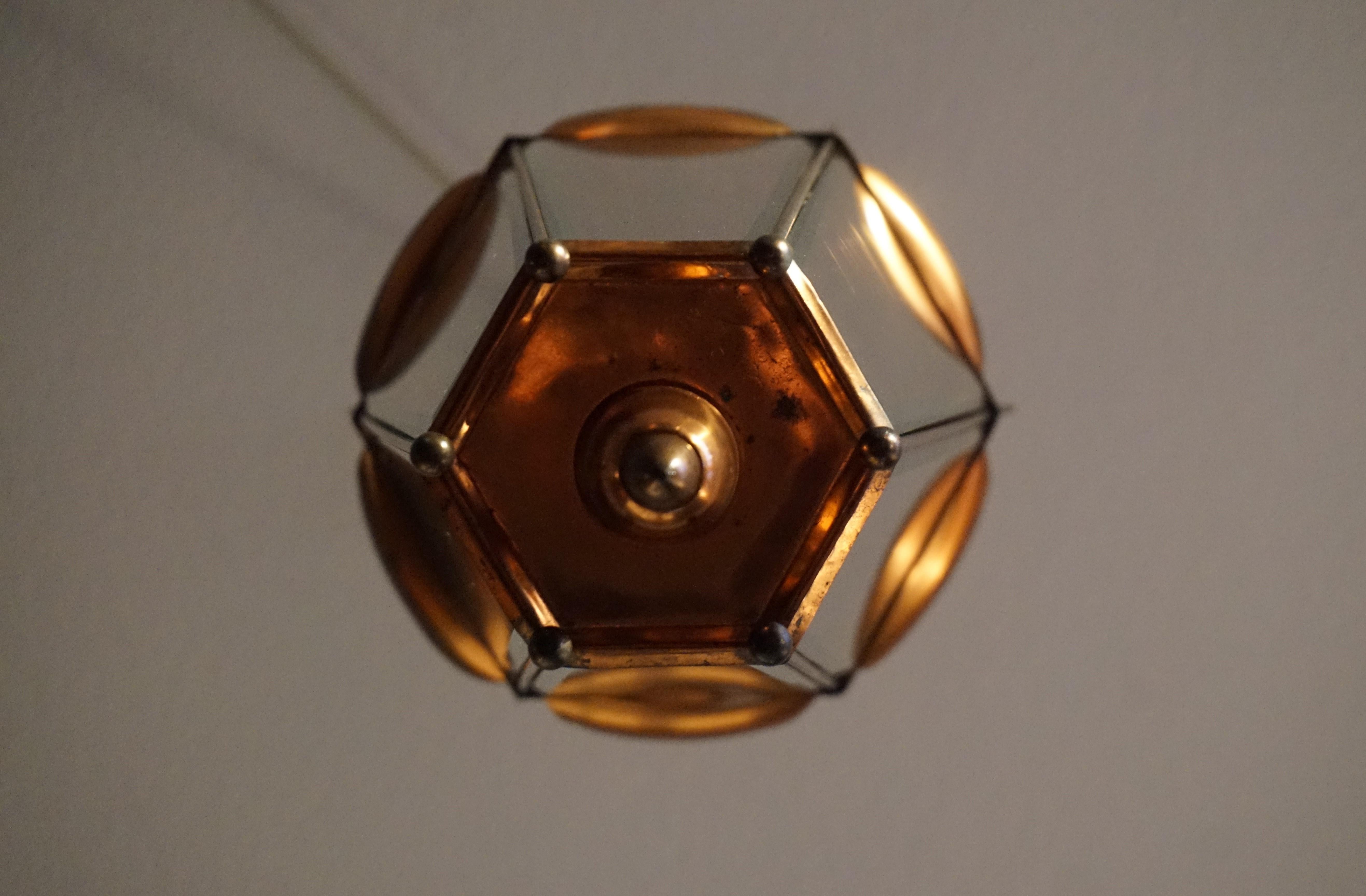 20th Century Mid-Century Modern Italian Copper and Beveled Glass Hallway Pendant / Lantern For Sale