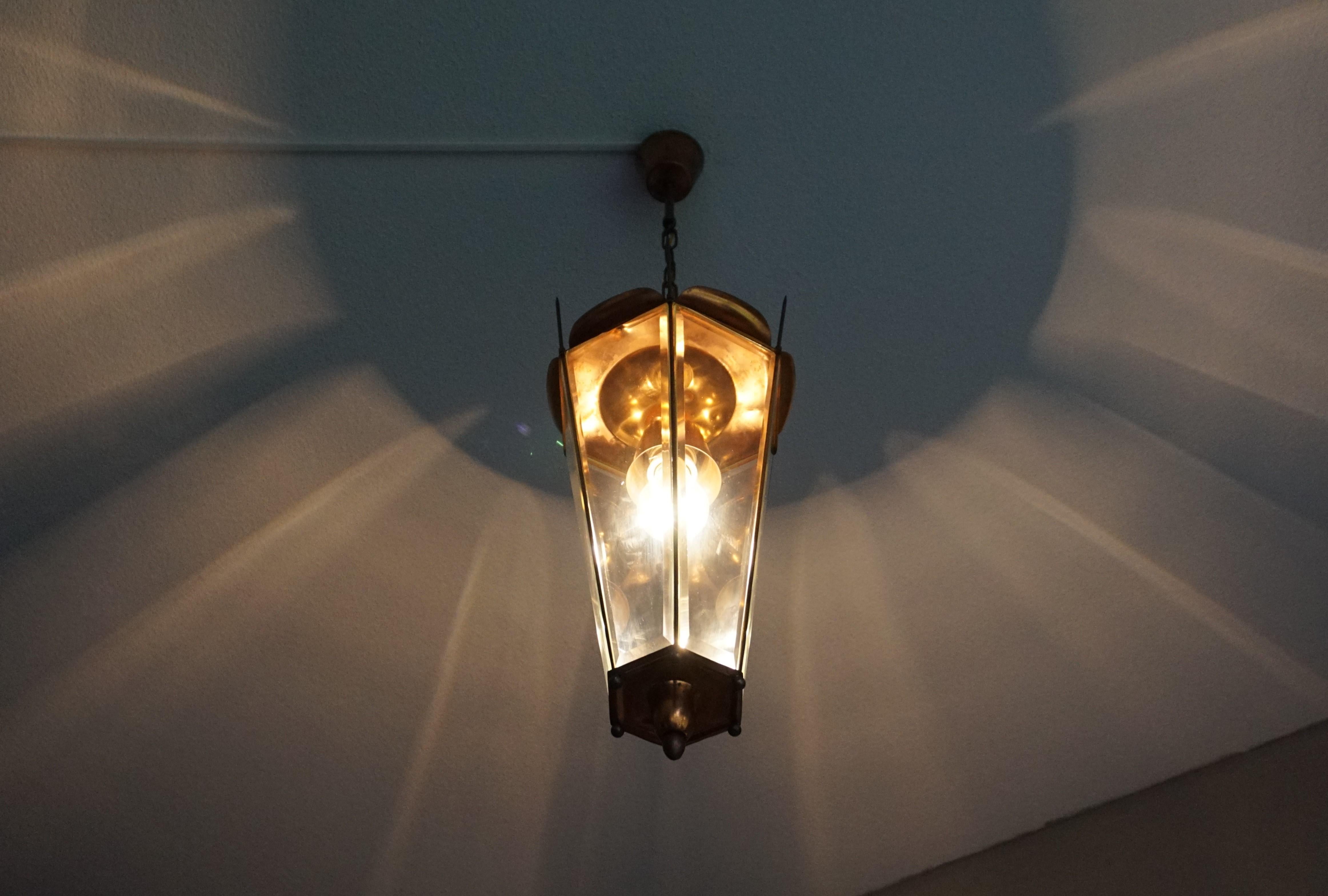 Brass Mid-Century Modern Italian Copper and Beveled Glass Hallway Pendant / Lantern For Sale