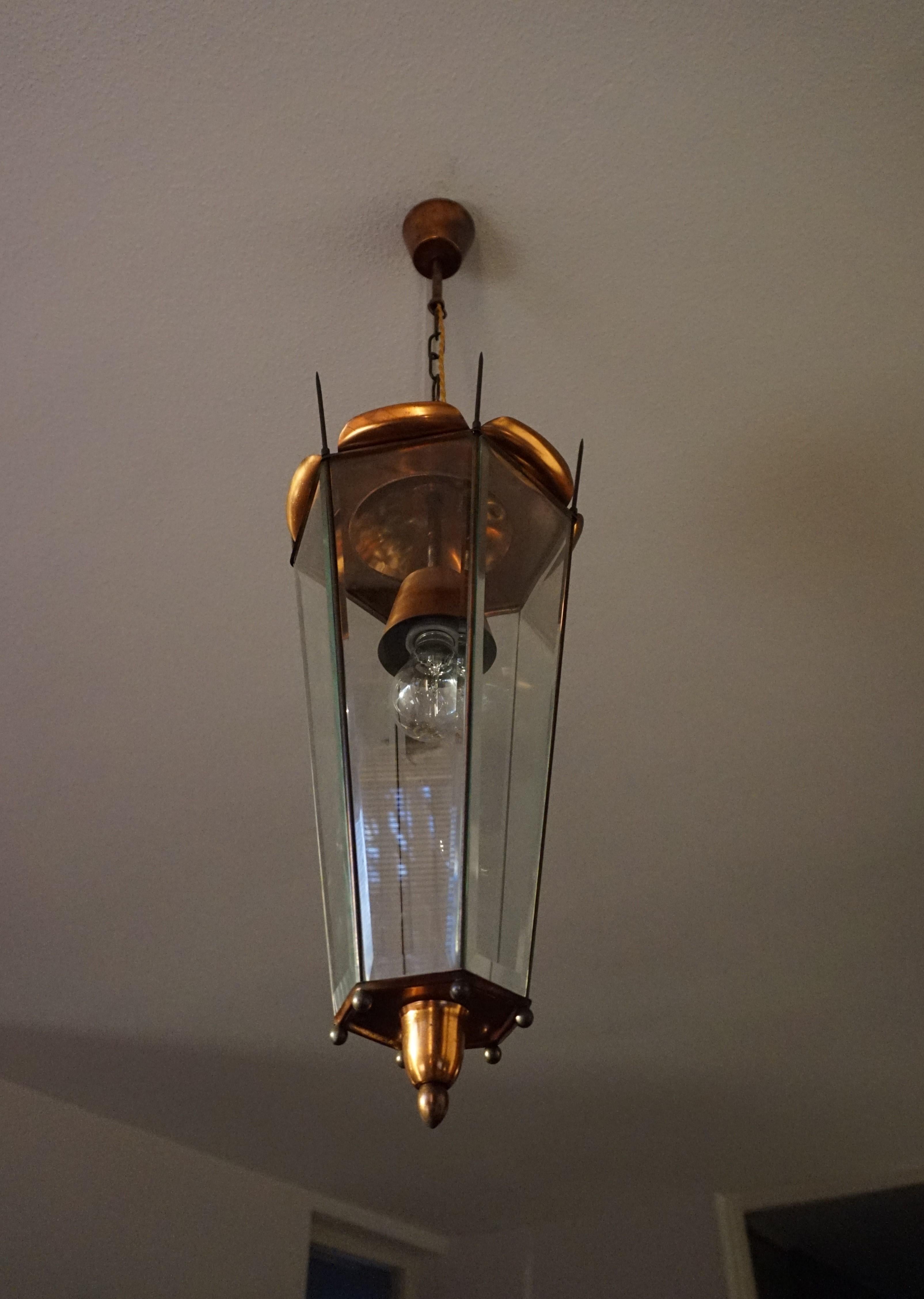 Mid-Century Modern Italian Copper and Beveled Glass Hallway Pendant / Lantern For Sale 2