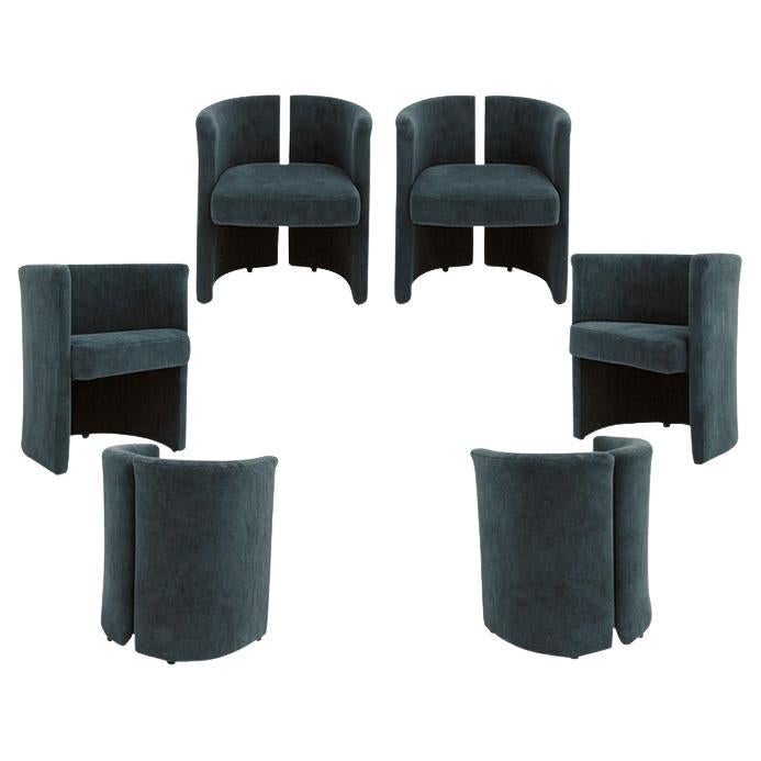 Italienische geschwungene Stühle aus blauem Samt, Mid Century Modern, Sechser-Set