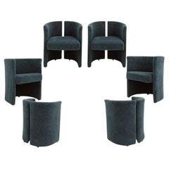 Mid Century Modern Italian Curved Chairs in Blue Velvet, Set of Six