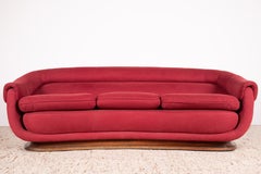 1930s Modern Italian Curved / Crescent 3-Seat Sofa in Red Fabric & Walnut