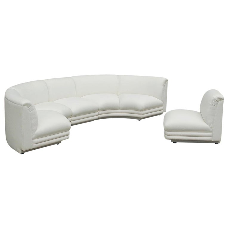 Mid Century Modern Italian Curved Semi, White Fabric Sectional Sofas