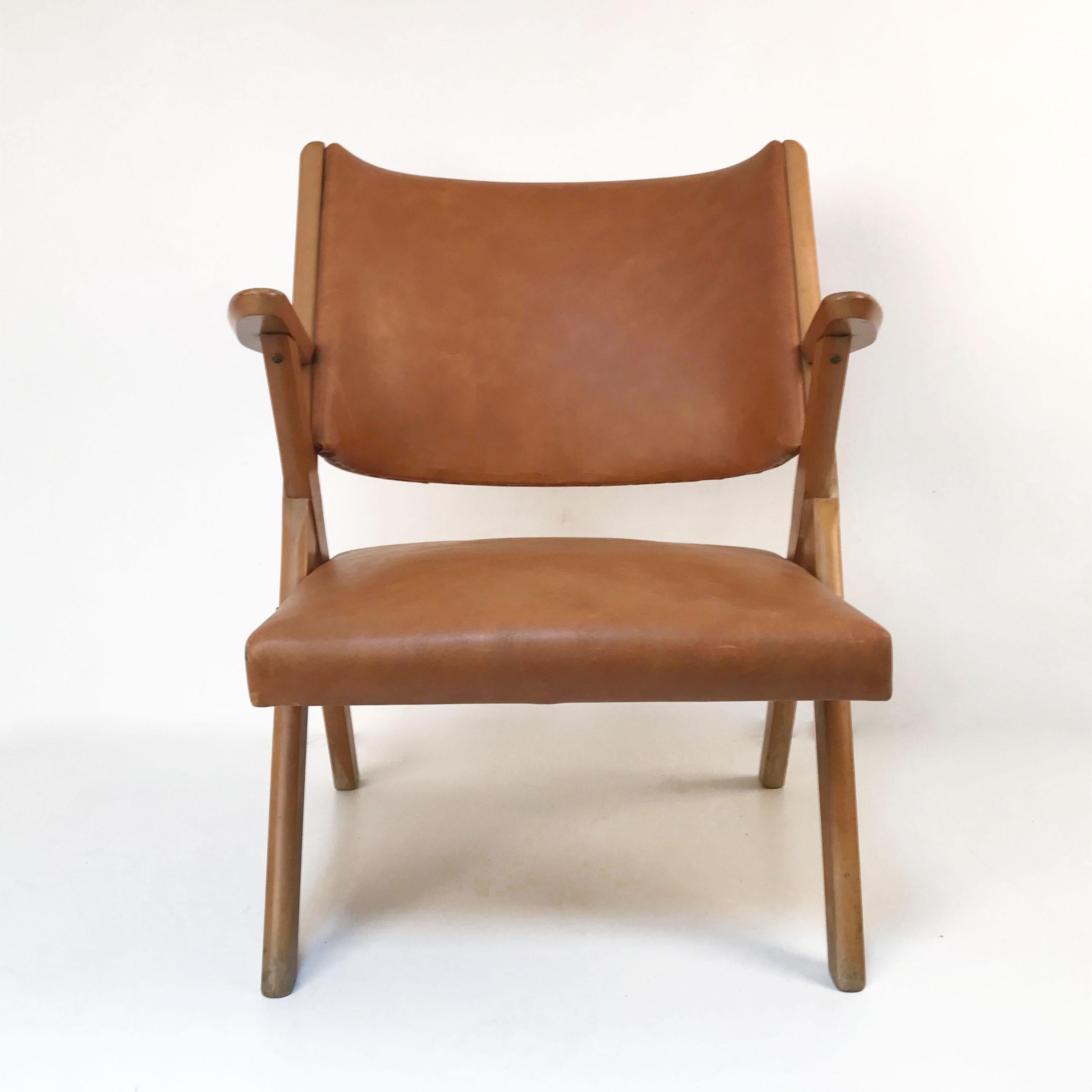 Leather Mid-Century Modern Italian Dal Vera Easy Chair, Hans Wegner Style, Italy, 1950s