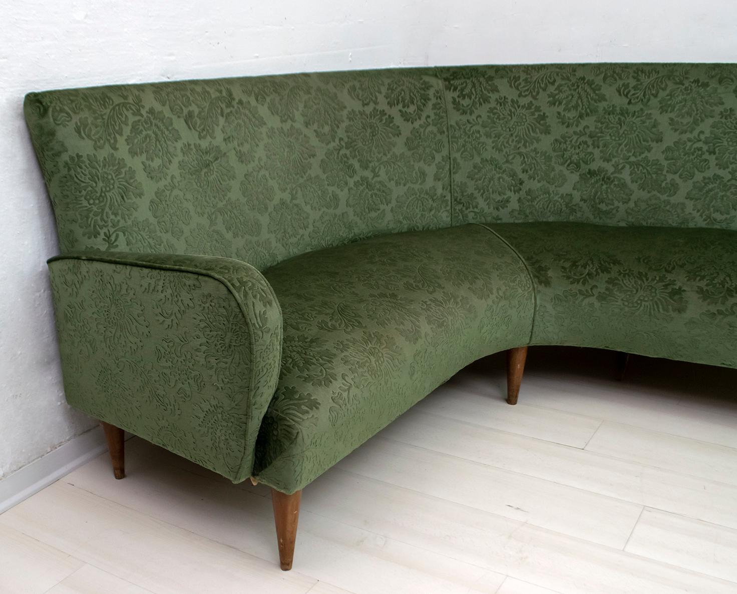 Mid-20th Century Mid-Century Modern Italian Damask Velvet Corner Sofa, 1950s For Sale