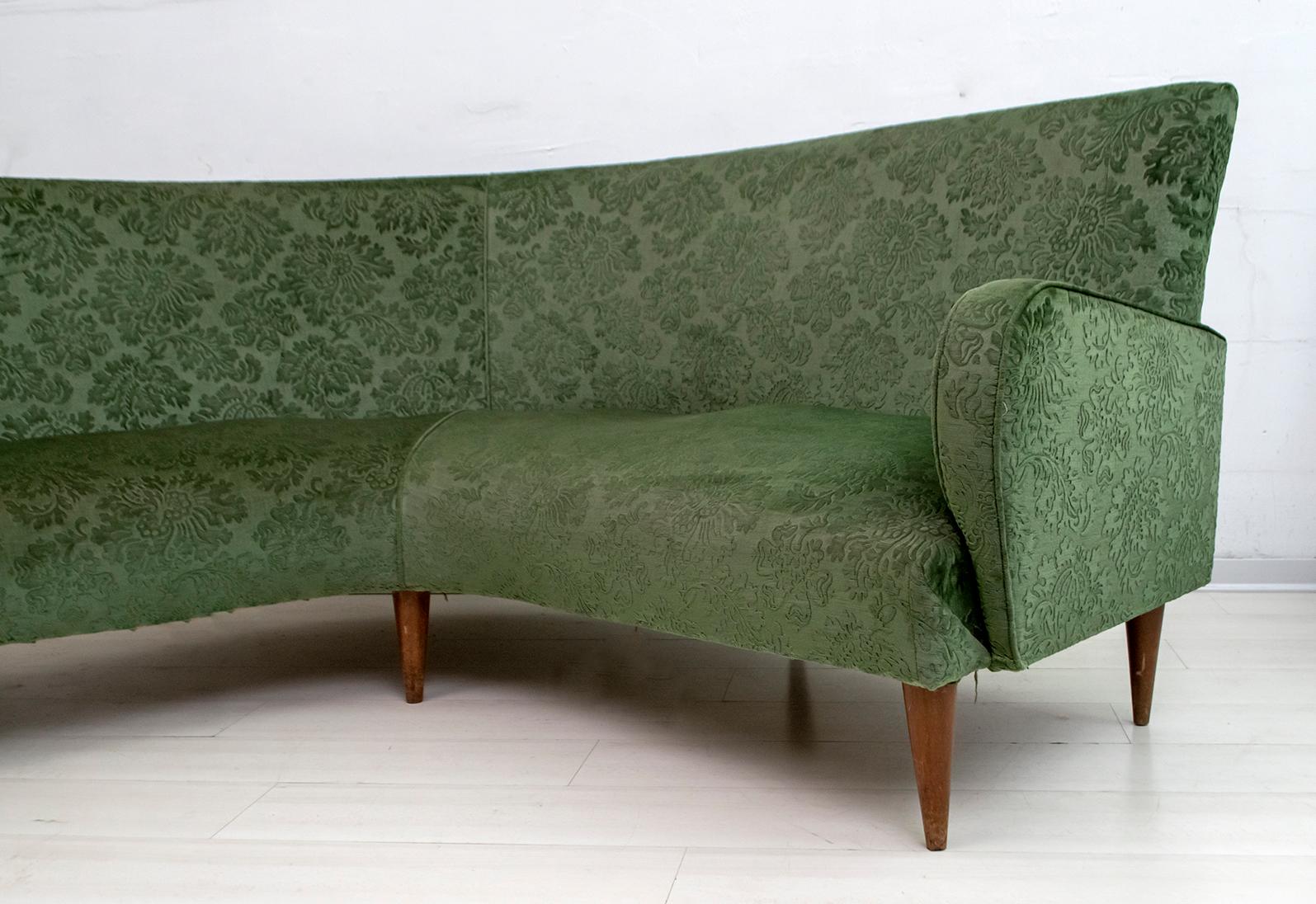 Mid-Century Modern Italian Damask Velvet Corner Sofa, 1950s For Sale 1