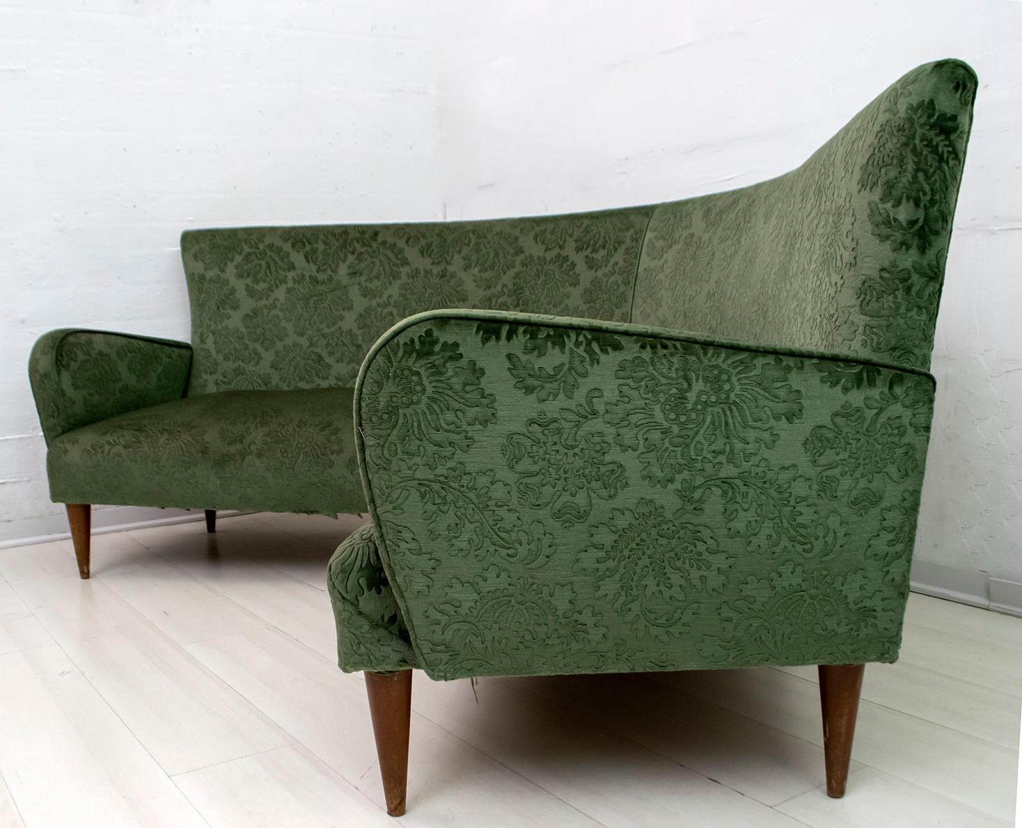 Mid-Century Modern Italian Damask Velvet Corner Sofa, 1950s For Sale 2