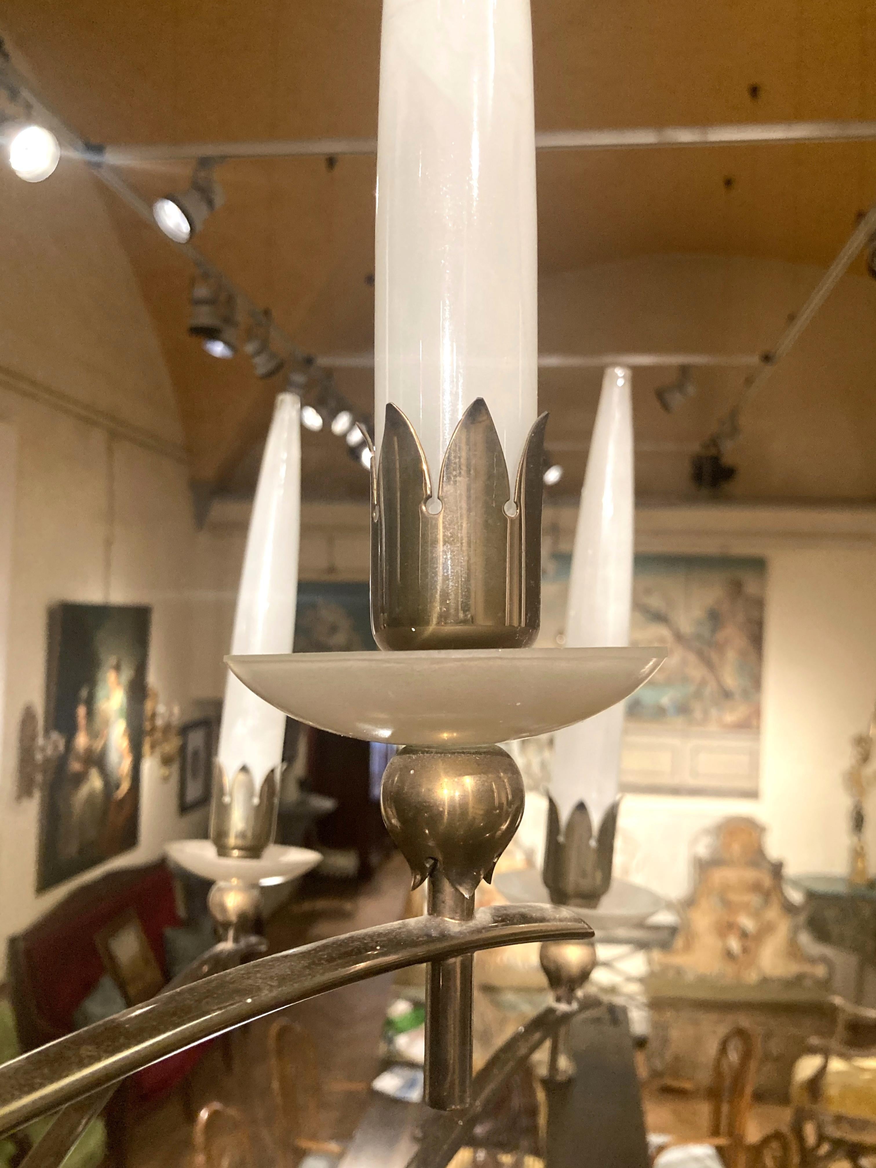 Mid Century Modern Italian Design Angelo Lelli Brass and Murano Glass Chandelier For Sale 8