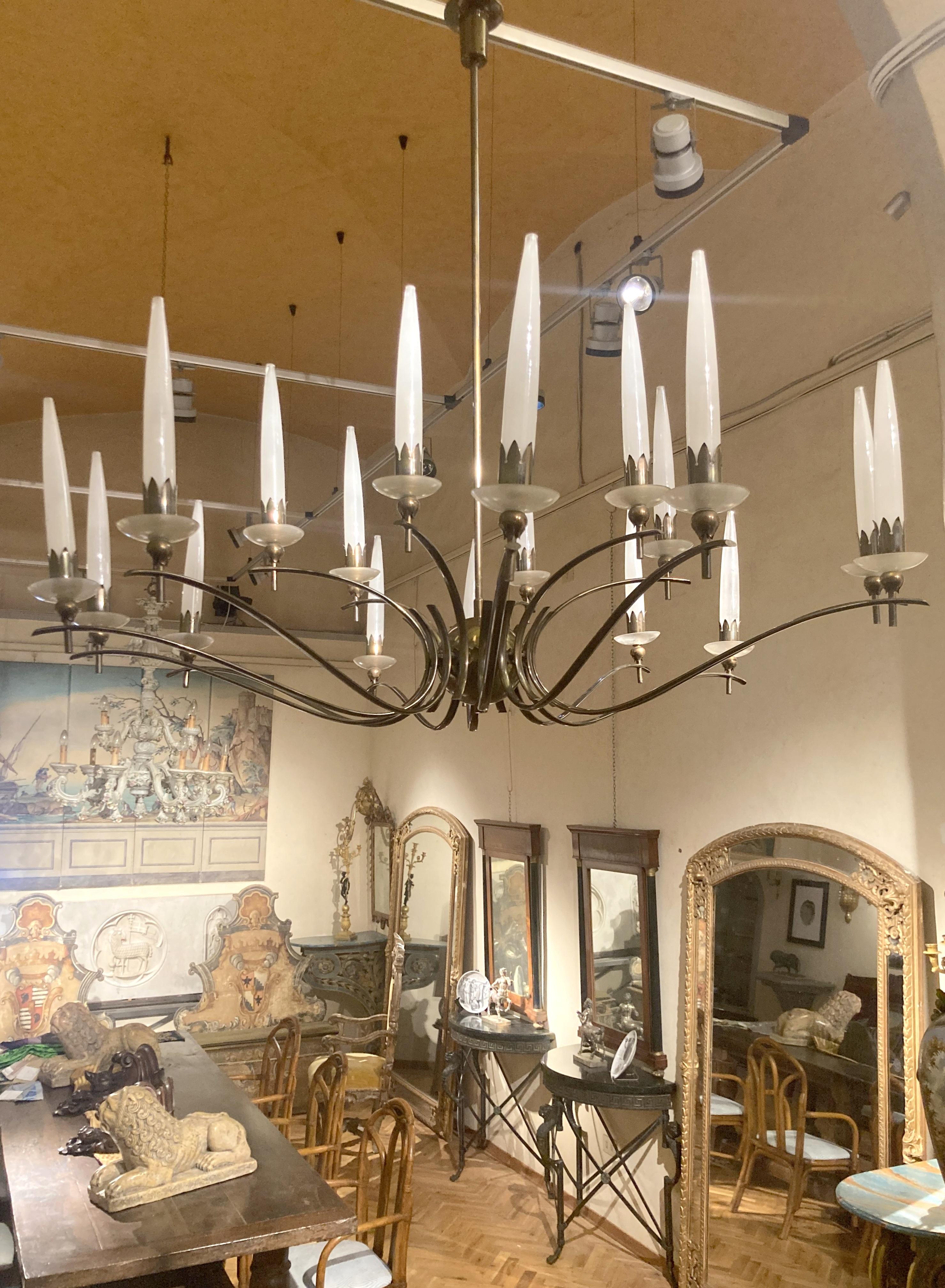 Mid Century Modern Italian Design Angelo Lelli Brass and Murano Glass Chandelier For Sale 11