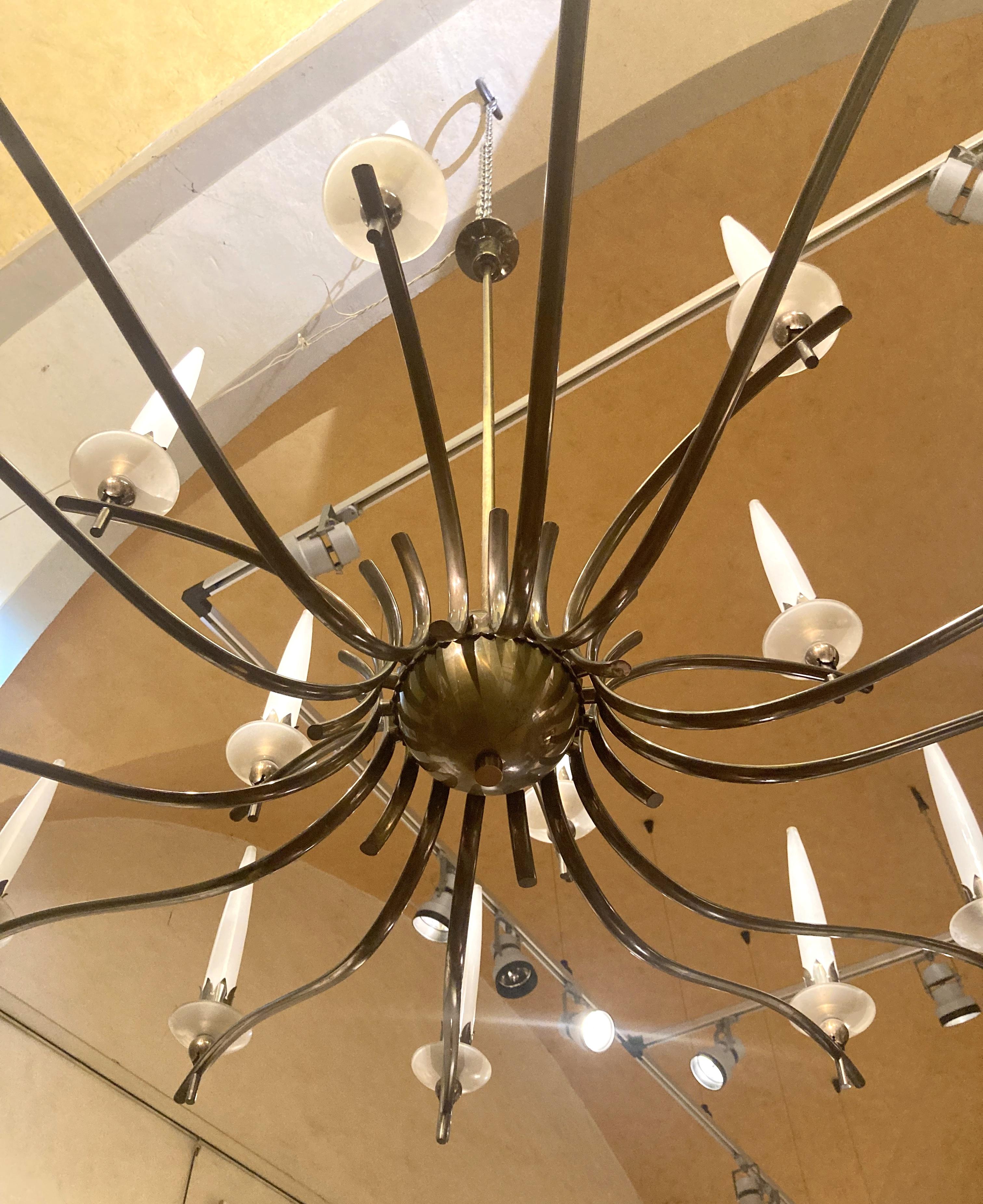 Mid Century Modern Italian Design Angelo Lelli Brass and Murano Glass Chandelier 12
