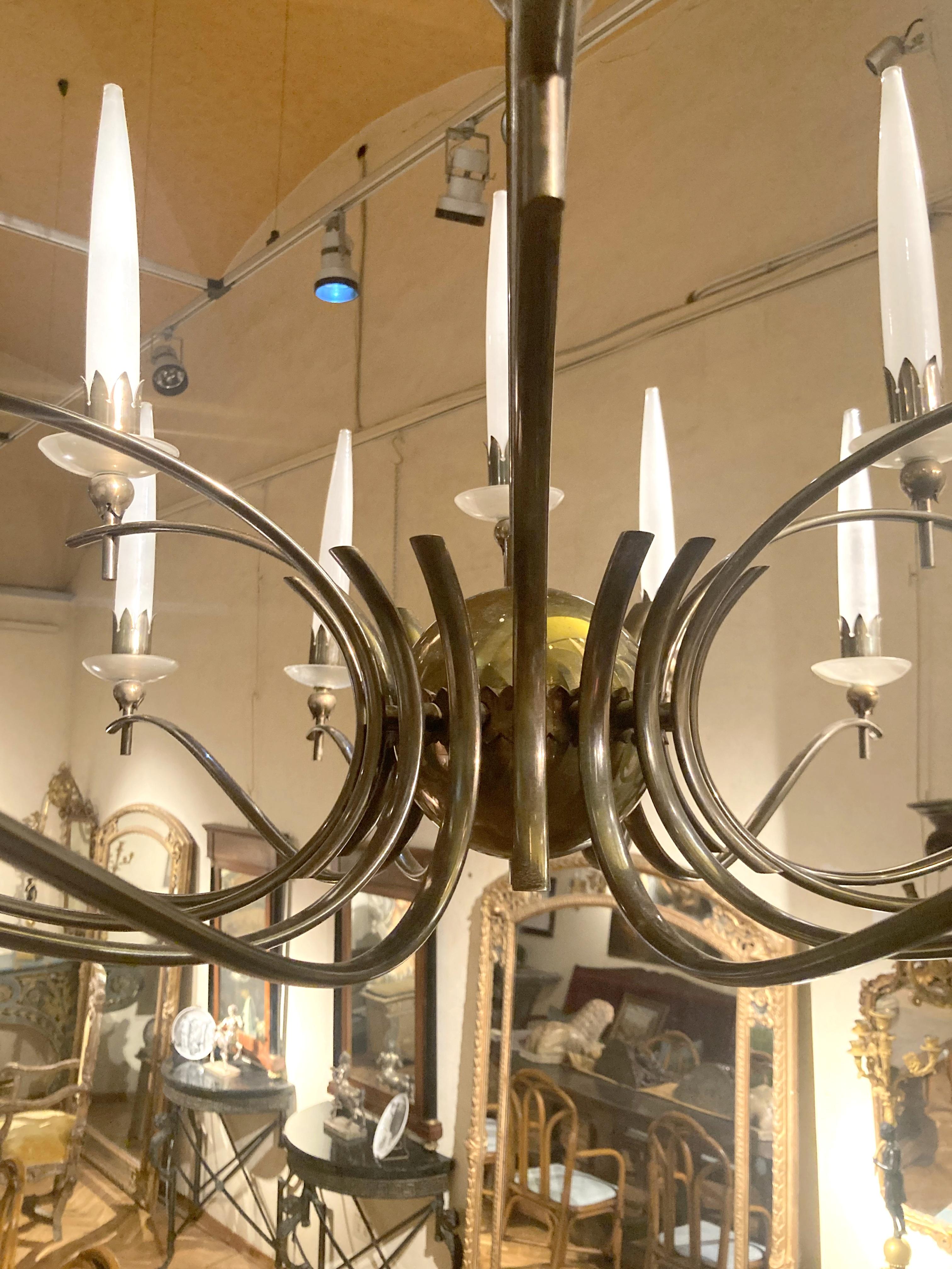 Mid Century Modern Italian Design Angelo Lelli Brass and Murano Glass Chandelier For Sale 14