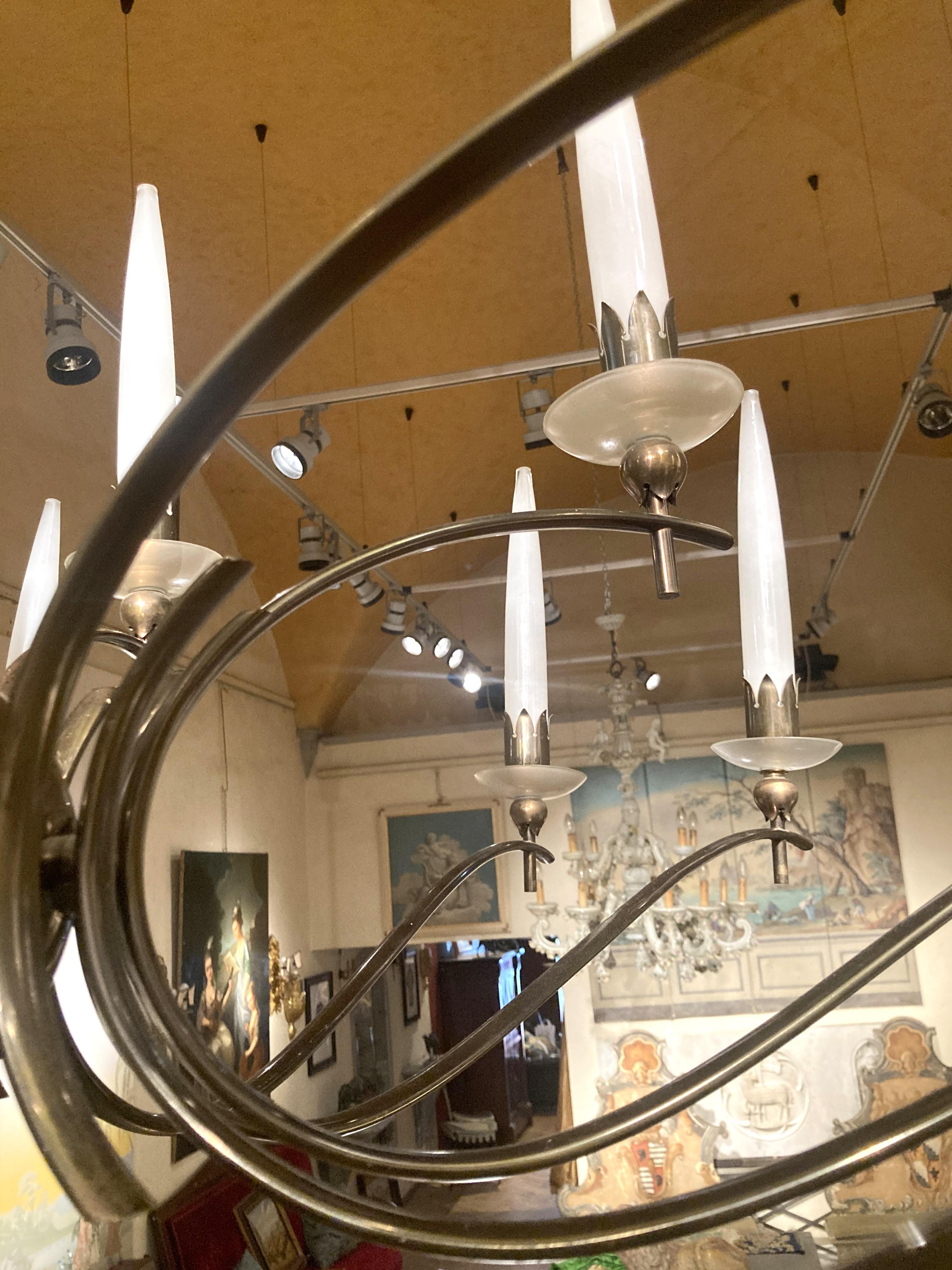 Mid Century Modern Italian Design Angelo Lelli Brass and Murano Glass Chandelier For Sale 5