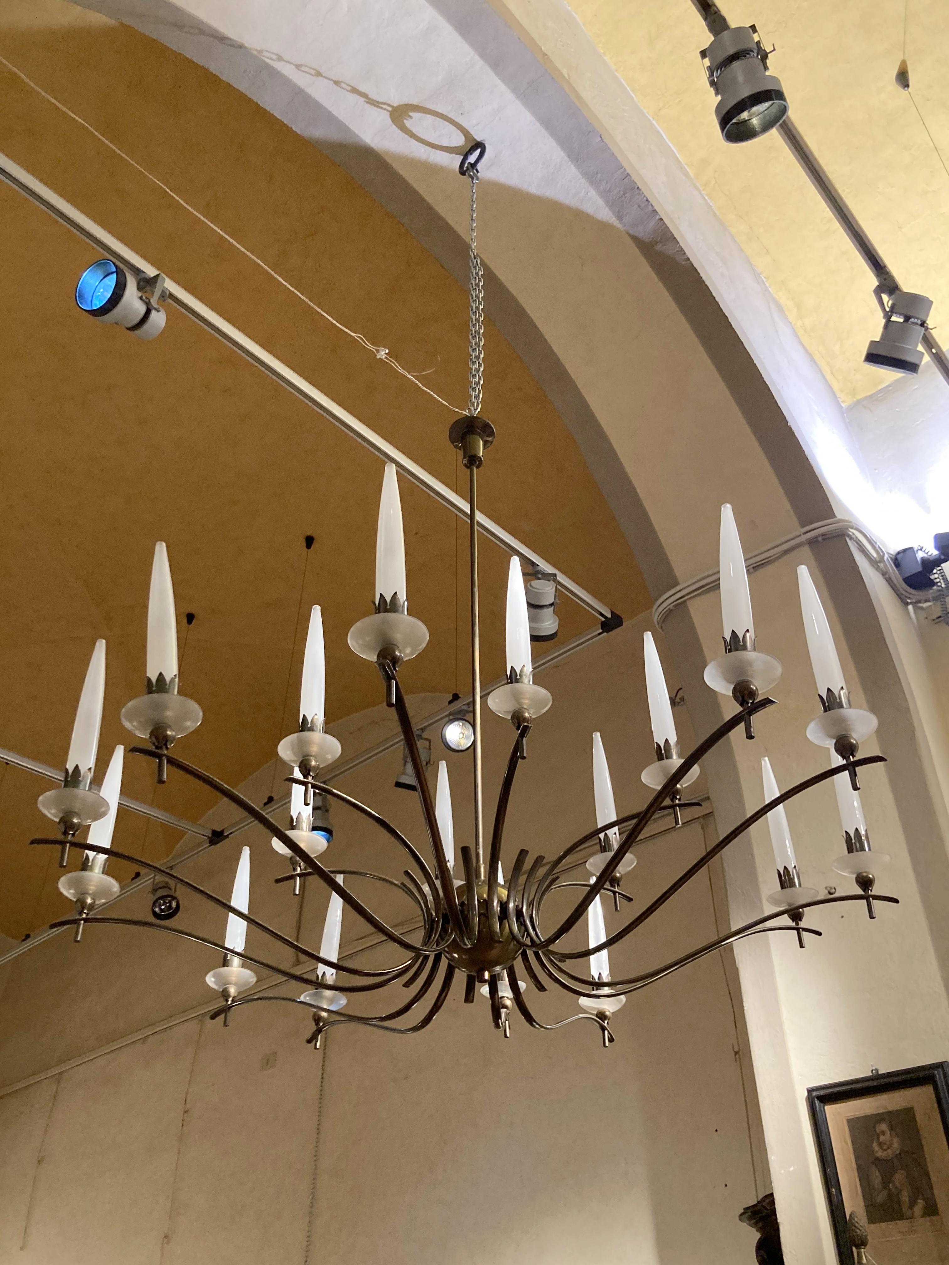 Mid-Century Modern Mid Century Modern Italian Design Angelo Lelli Brass and Murano Glass Chandelier
