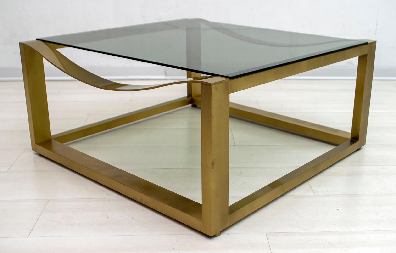 Smoked Glass Luciano Frigerio Mid-Century Modern Italian Design Brass Coffee Table, 1970s For Sale